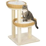 PAWHUT Arbre à chat style bohème aspect rotin tressé - griffoirs, 2 paniers coussins effet fourrure, balle suspendue - beige