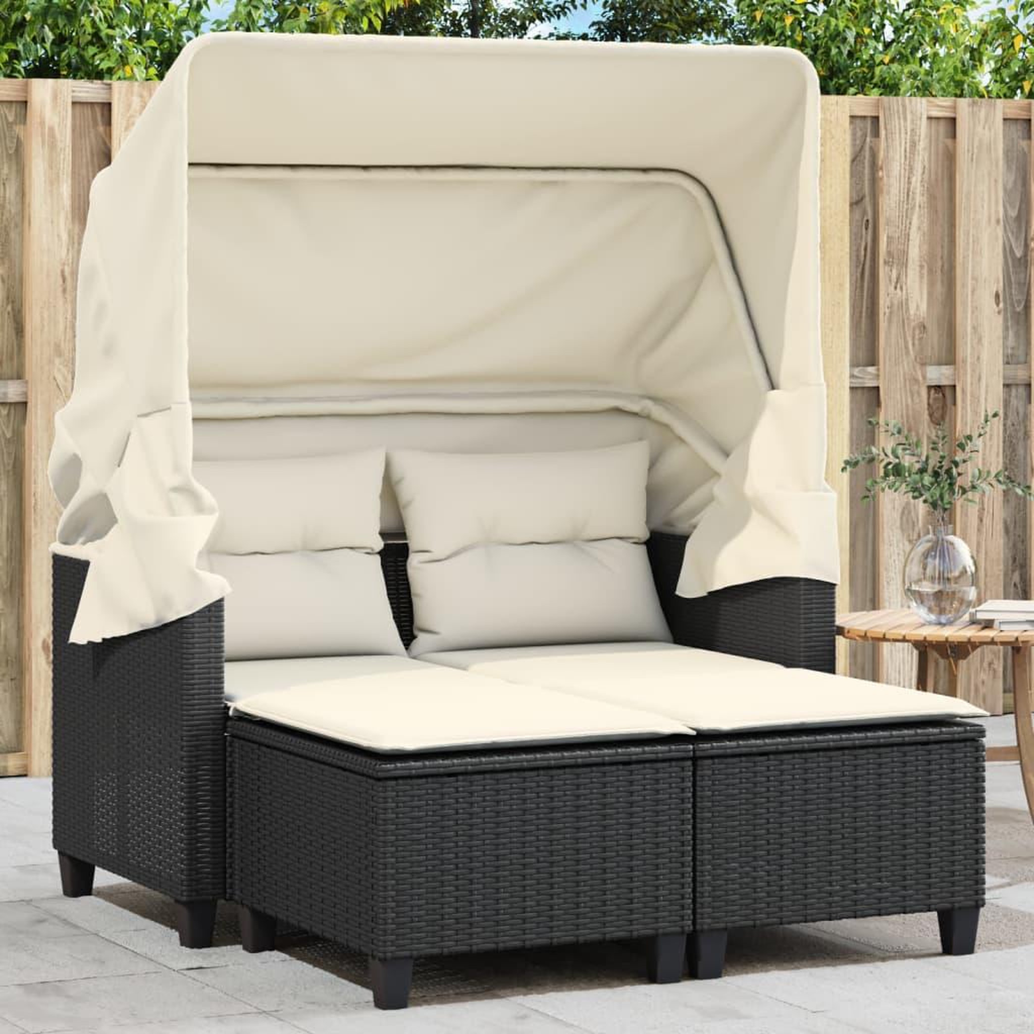 VIDAXL Canape de jardin 2 places avec auvent et tabourets noir rotin