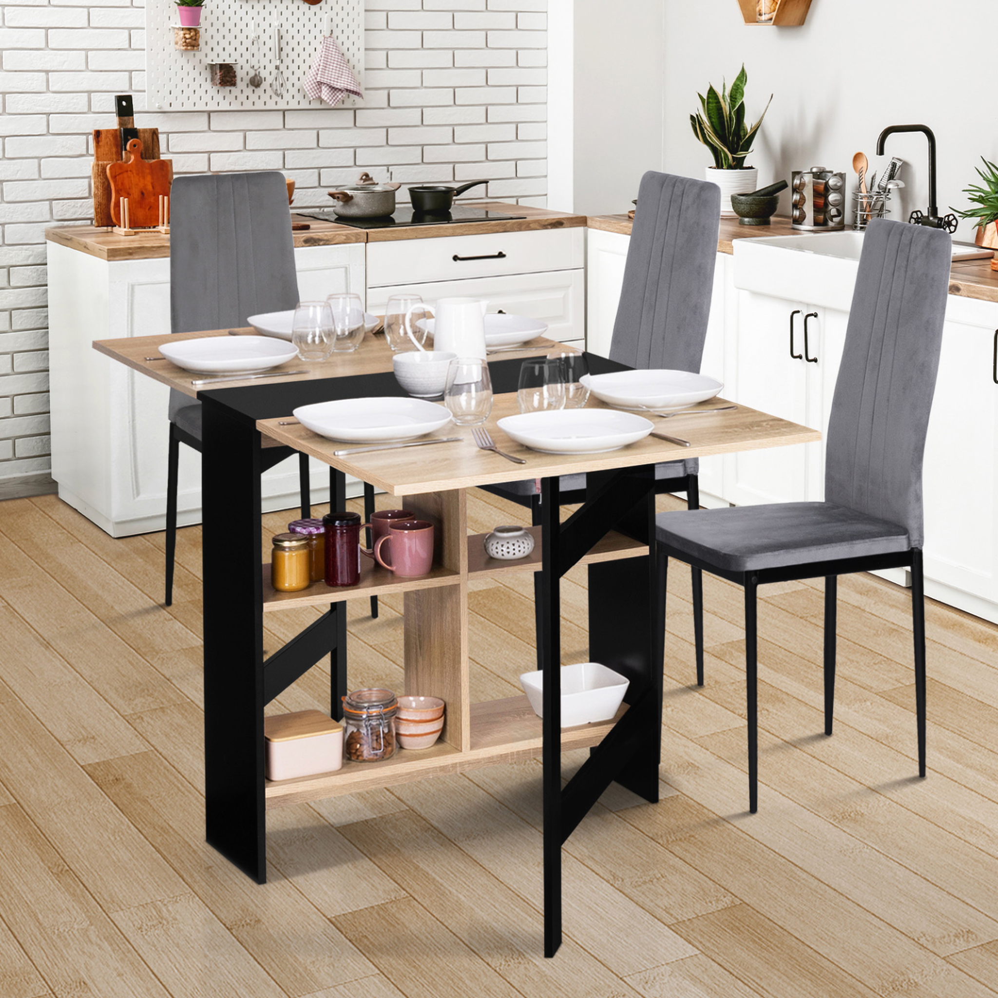 Voir la diapositive 4 : ID MARKET Table console pliable edi 2-6 personnes avec rangements bois noir plateau façon hêtre 150 x 80 cm