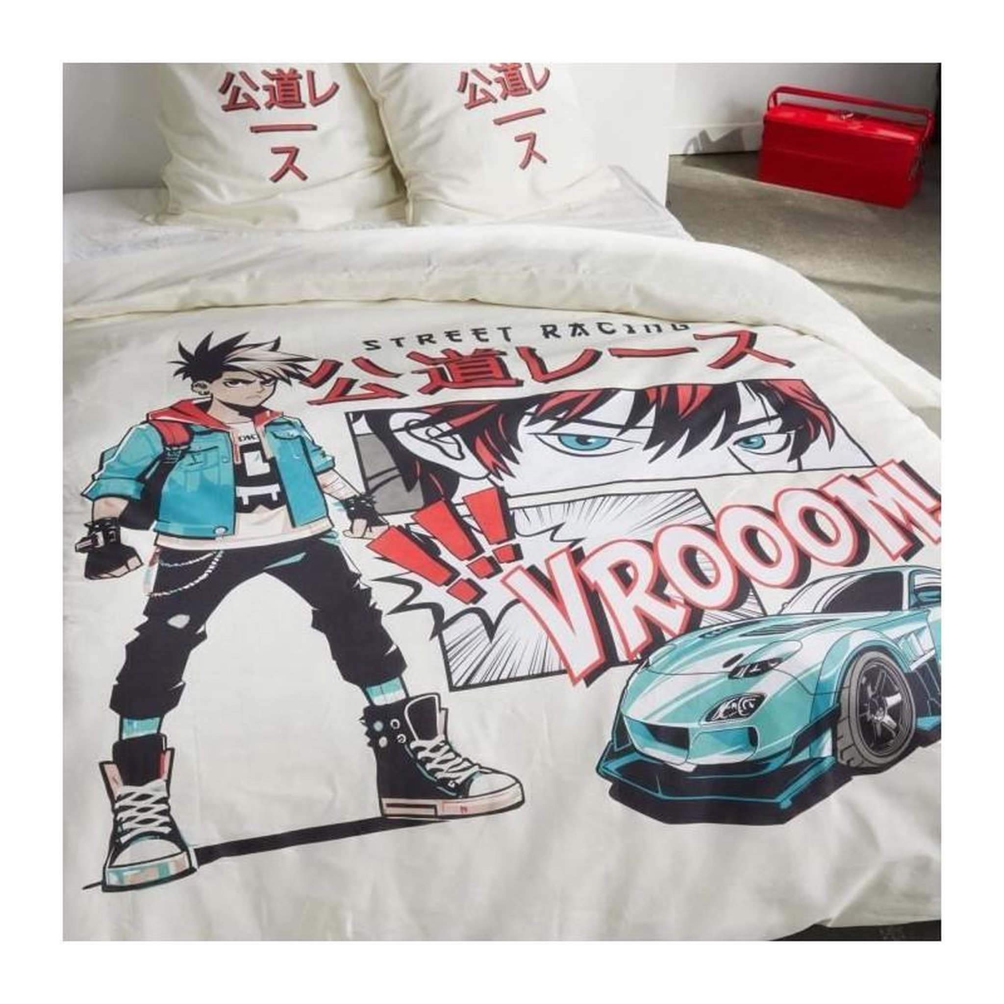 Voir la diapositive 4 : Today Parure de lit - TODAY - JAVA - 2 personnes - 240x220 cm - Coton - Imprimé Street racing - Blanc