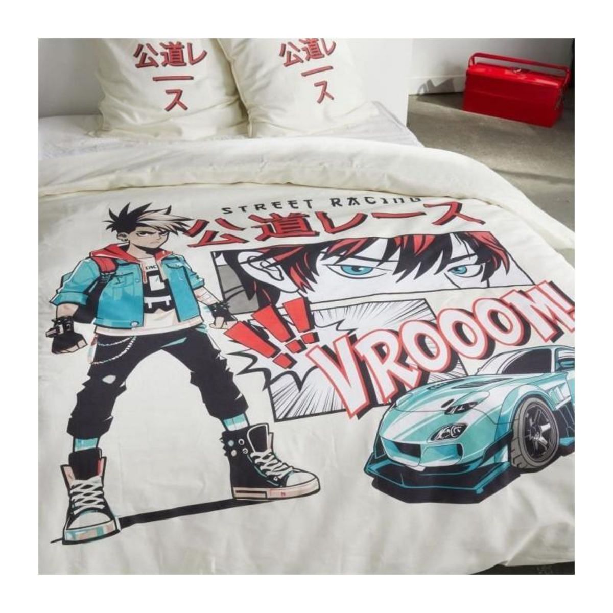 Today Parure de lit - TODAY - JAVA - 2 personnes - 240x220 cm - Coton - Imprimé Street racing - Blanc