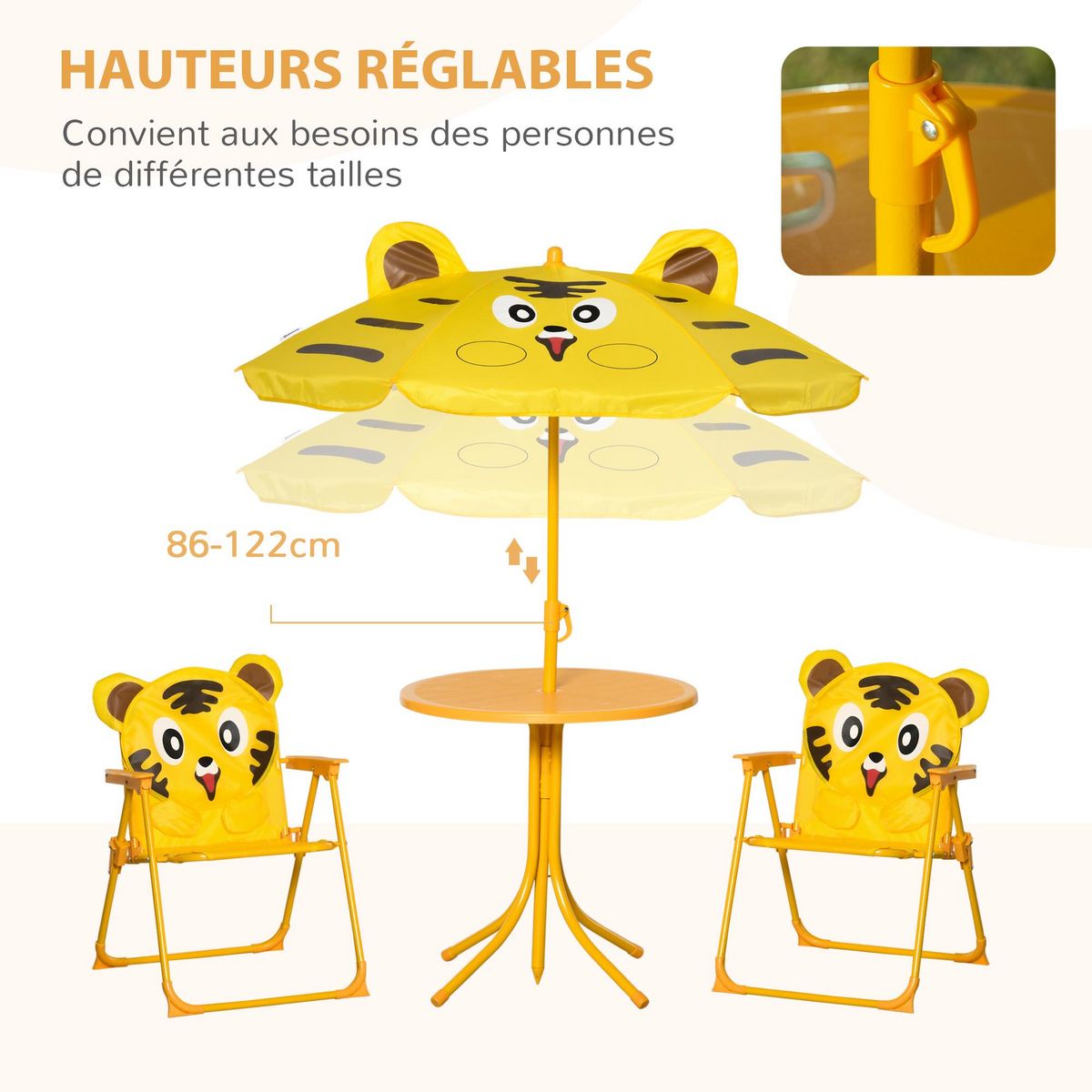 OUTSUNNY Ensemble salon de jardin enfant 4 pcs design tigre - table ronde + 2 chaises pliables + parasol - métal époxy oxford jaune