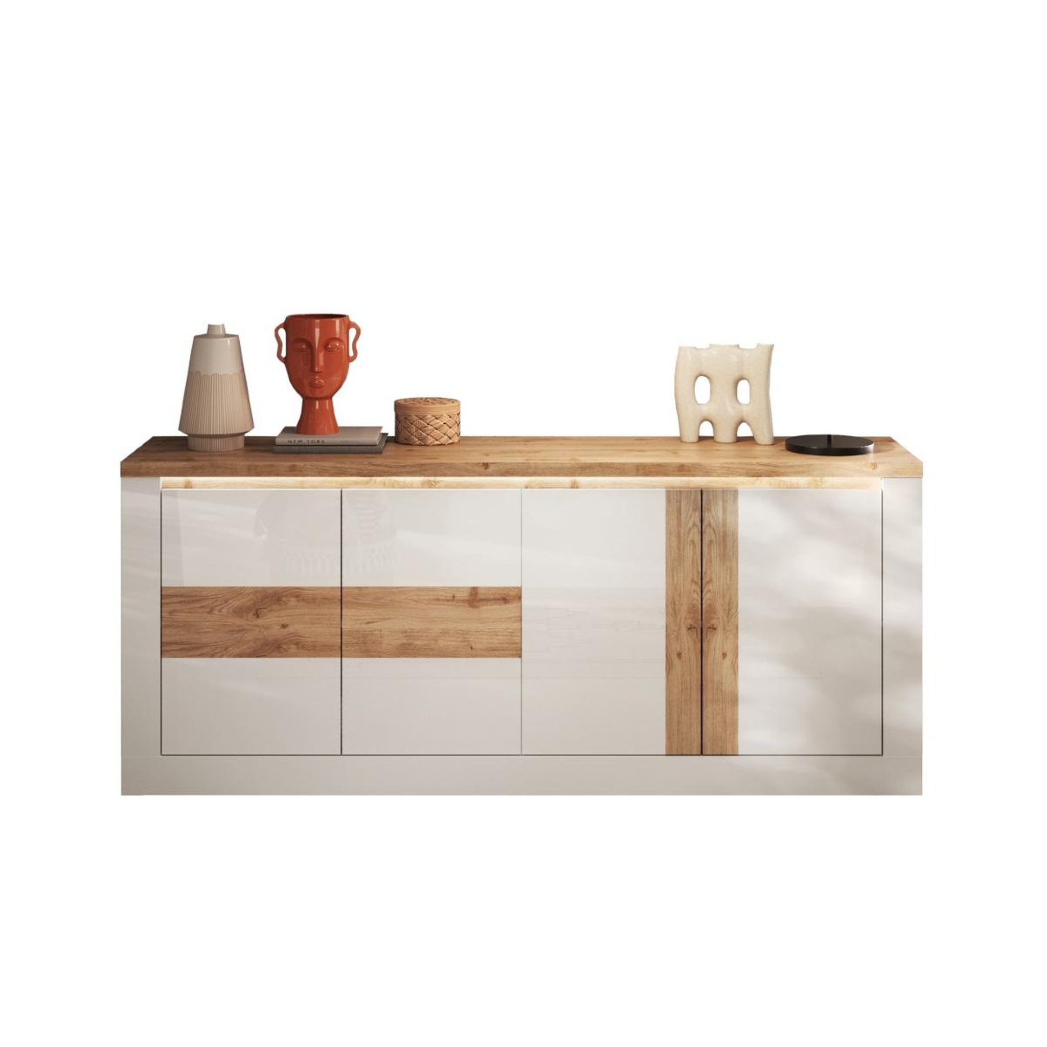 JLC KREATION Buffet moderne 4 portes laqué blanc et bois 210cm ARIA
