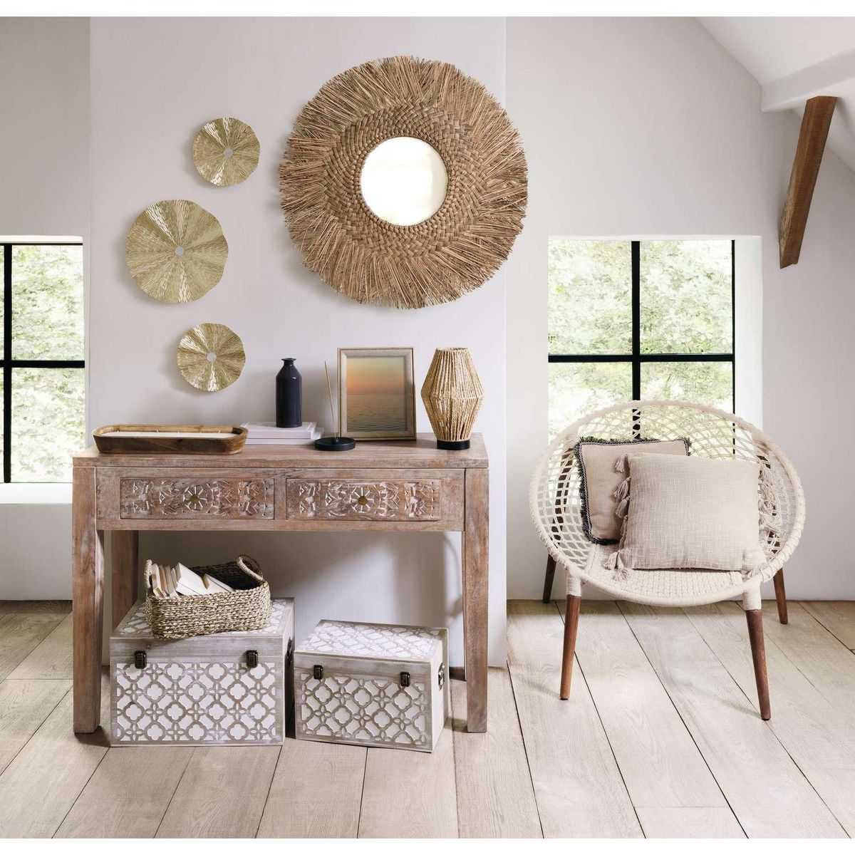 ATMOSPHERA Console 2 tiroirs en bois massif SHIREL - Beige