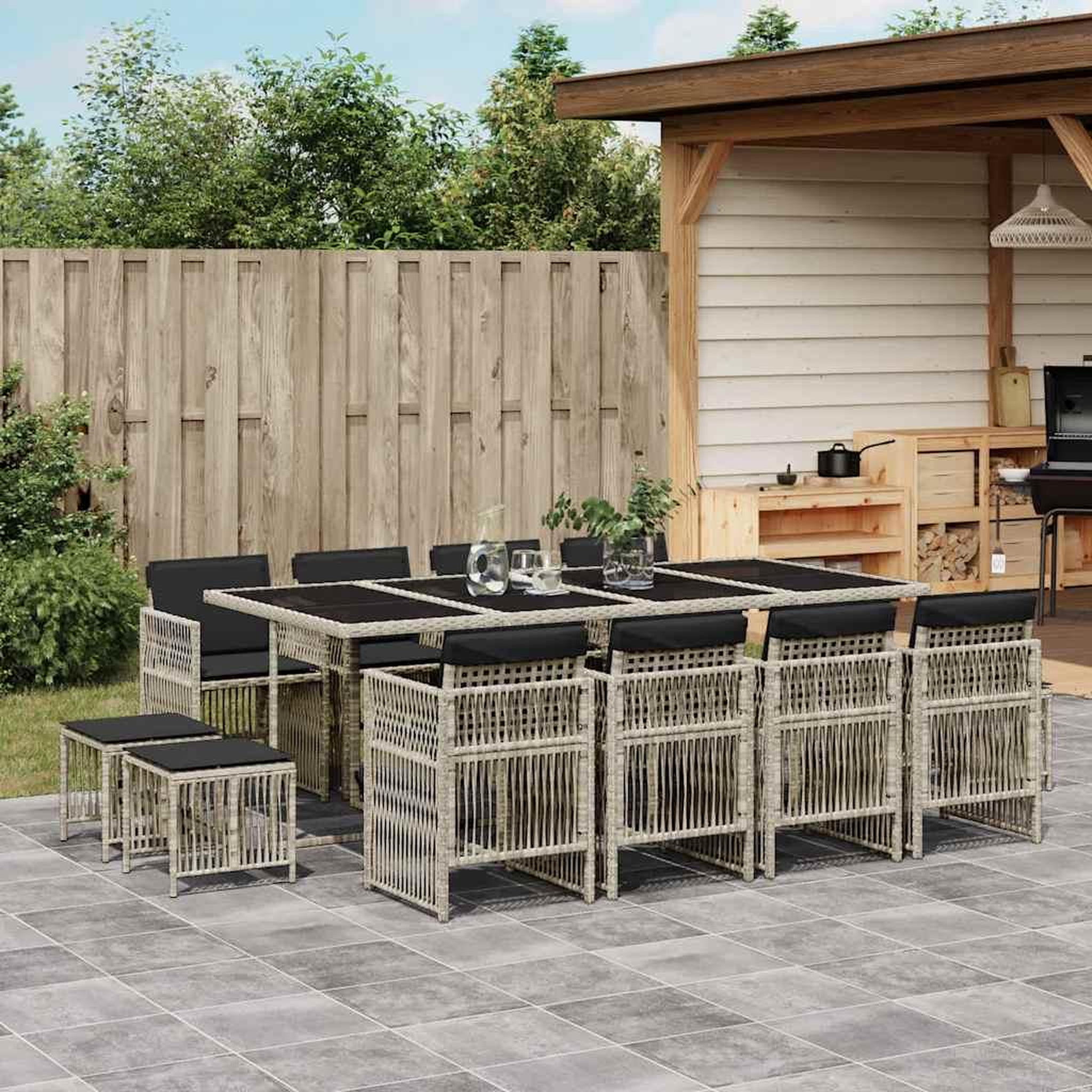VIDAXL Ensemble a manger de jardin et coussins 13 pcs gris clair rotin