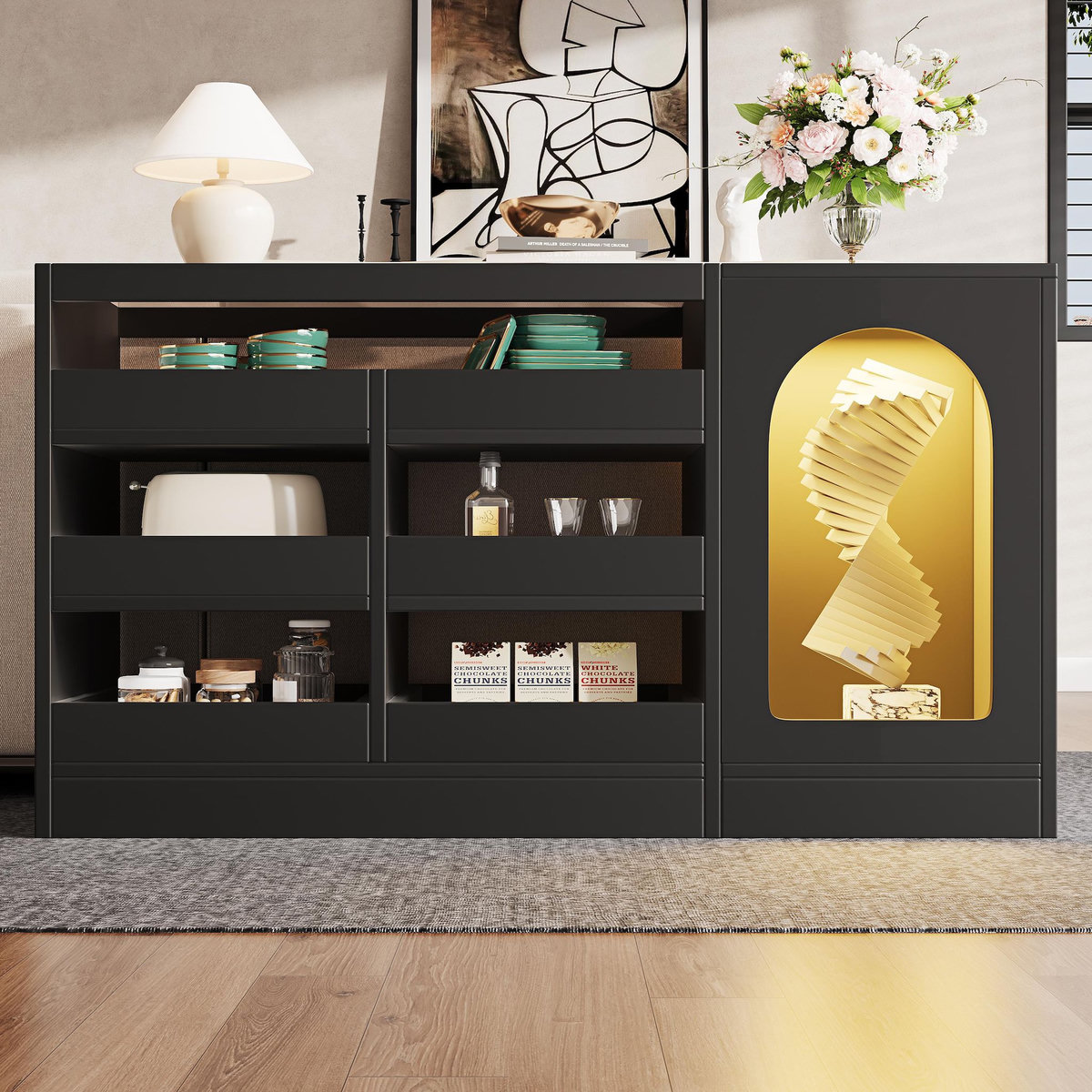 MERAX Buffet 1 porte(s) 6 tiroir(s) - 120 cm noir led mdf