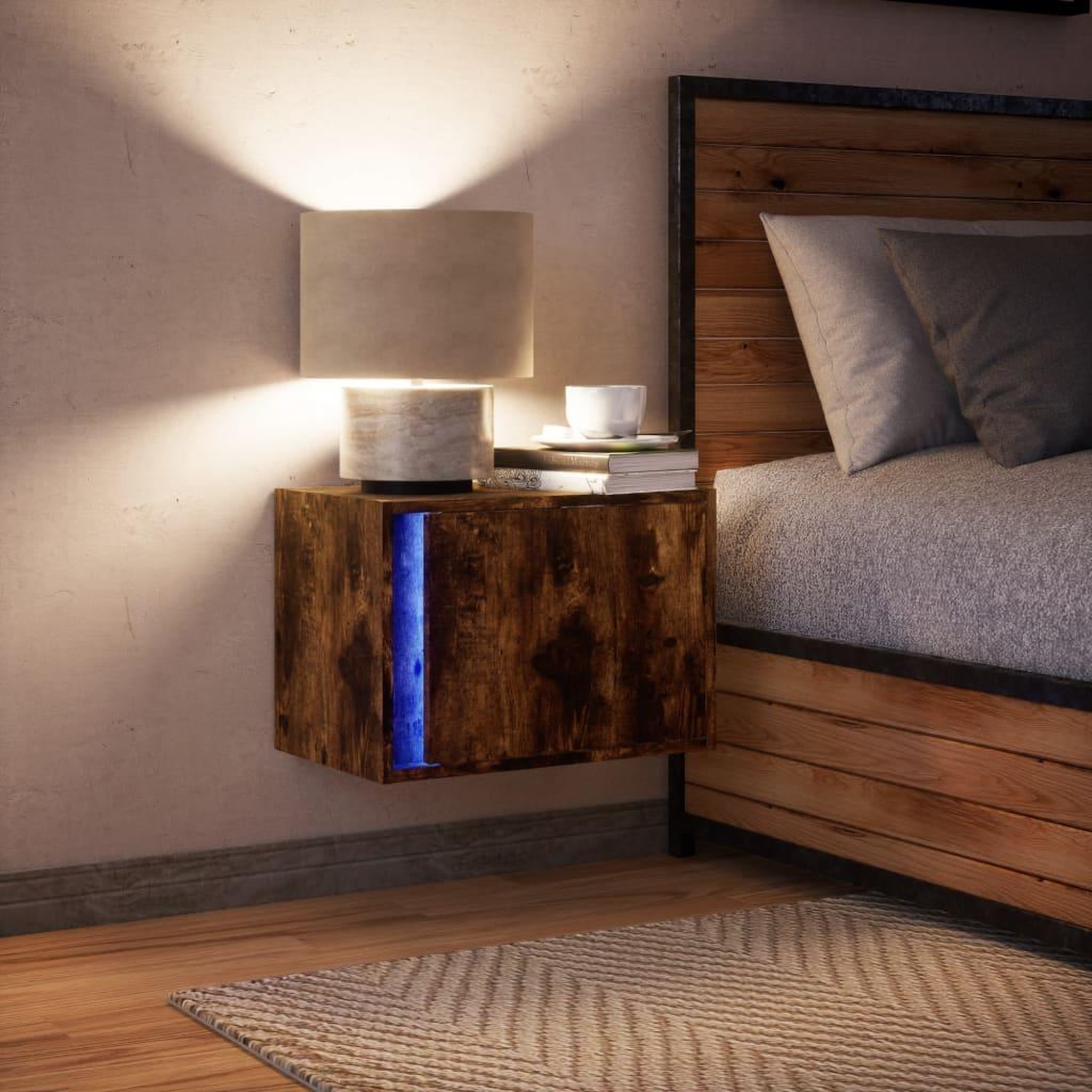 Voir la diapositive 5 : VIDAXL Table de chevet murale avec lumieres LED chene fume