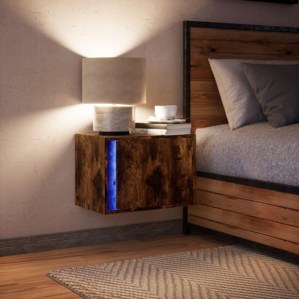 VIDAXL Table de chevet murale avec lumieres LED chene fume