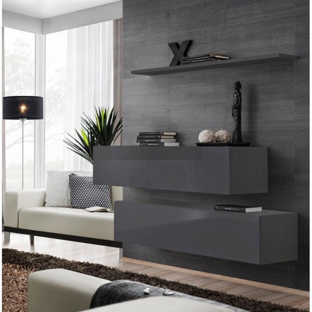 Paris Prix Lot de 2 Bancs Muraux & Étagère  Switch SBII  130cm Gris