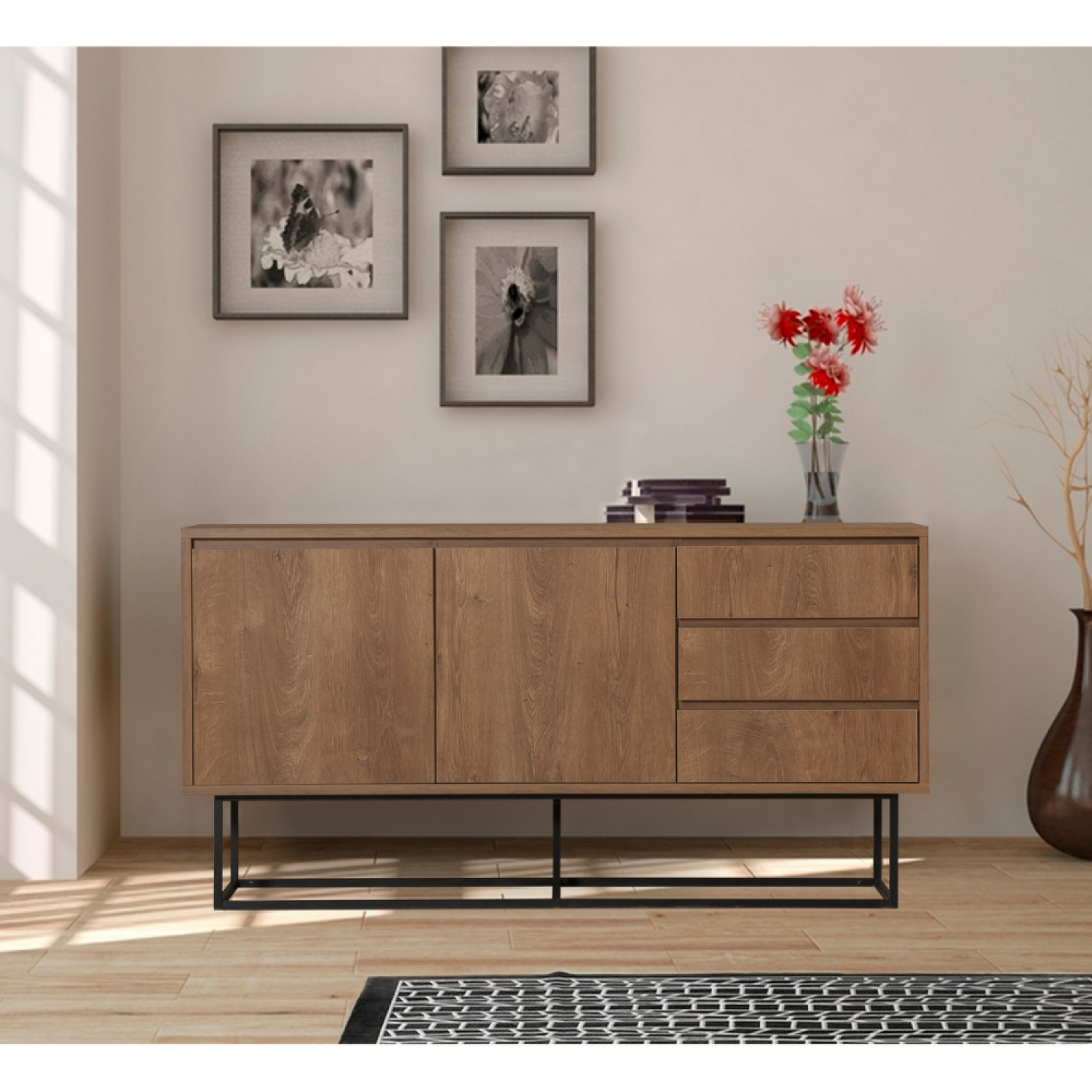 Voir la diapositive 3 : CONCEPT USINE Buffet en bois 2 portes et 3 tiroirs 140 cm sabinov