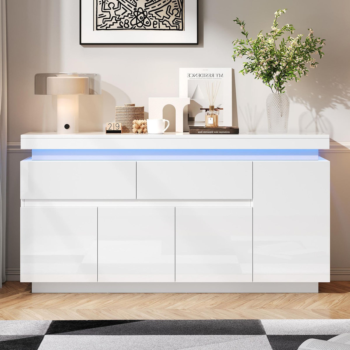 MERAX Buffet 4 porte(s) 2 tiroir(s) - 140 cm blanc led panneau de particules