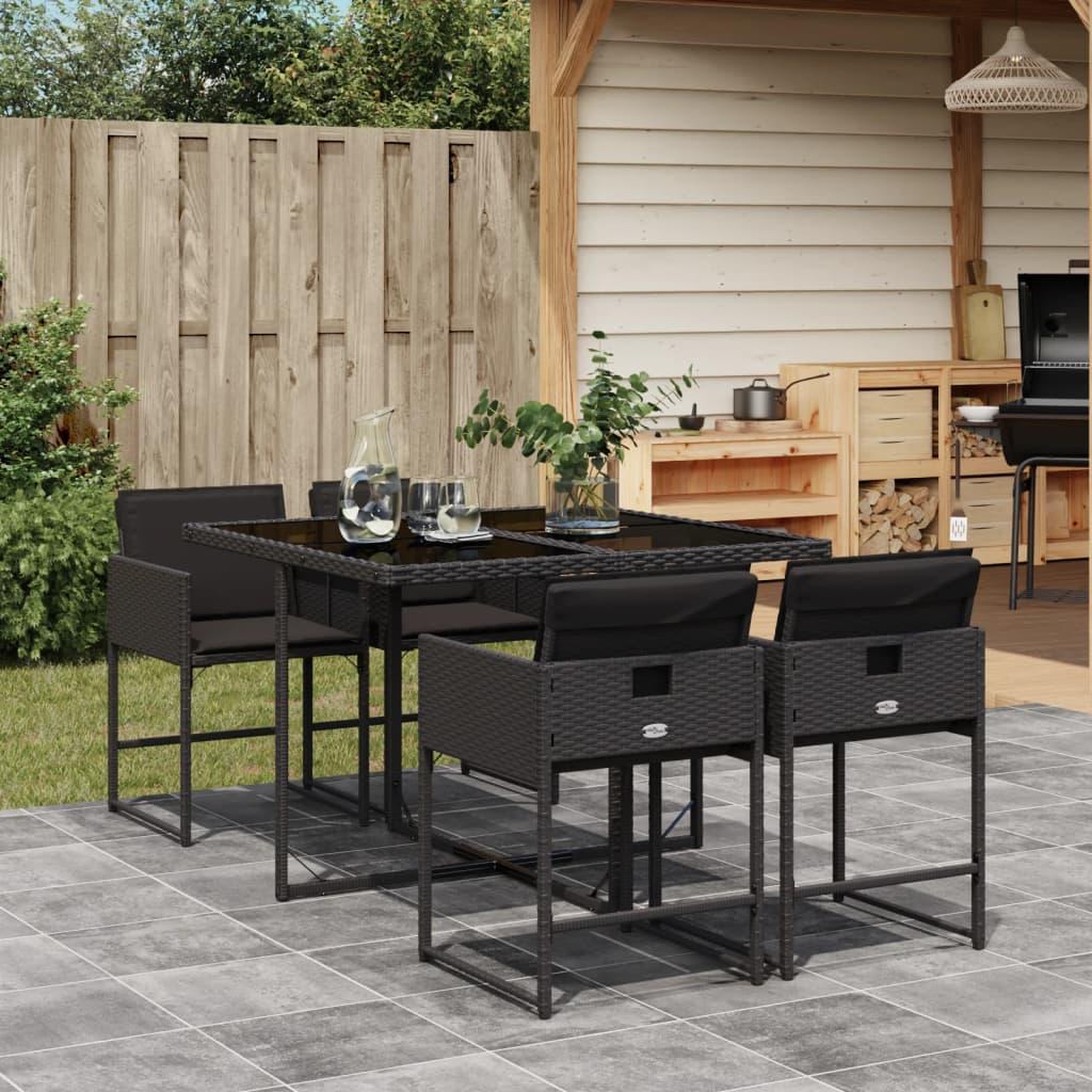VIDAXL Ensemble a manger de jardin coussins 5pcs Noir Resine tressee