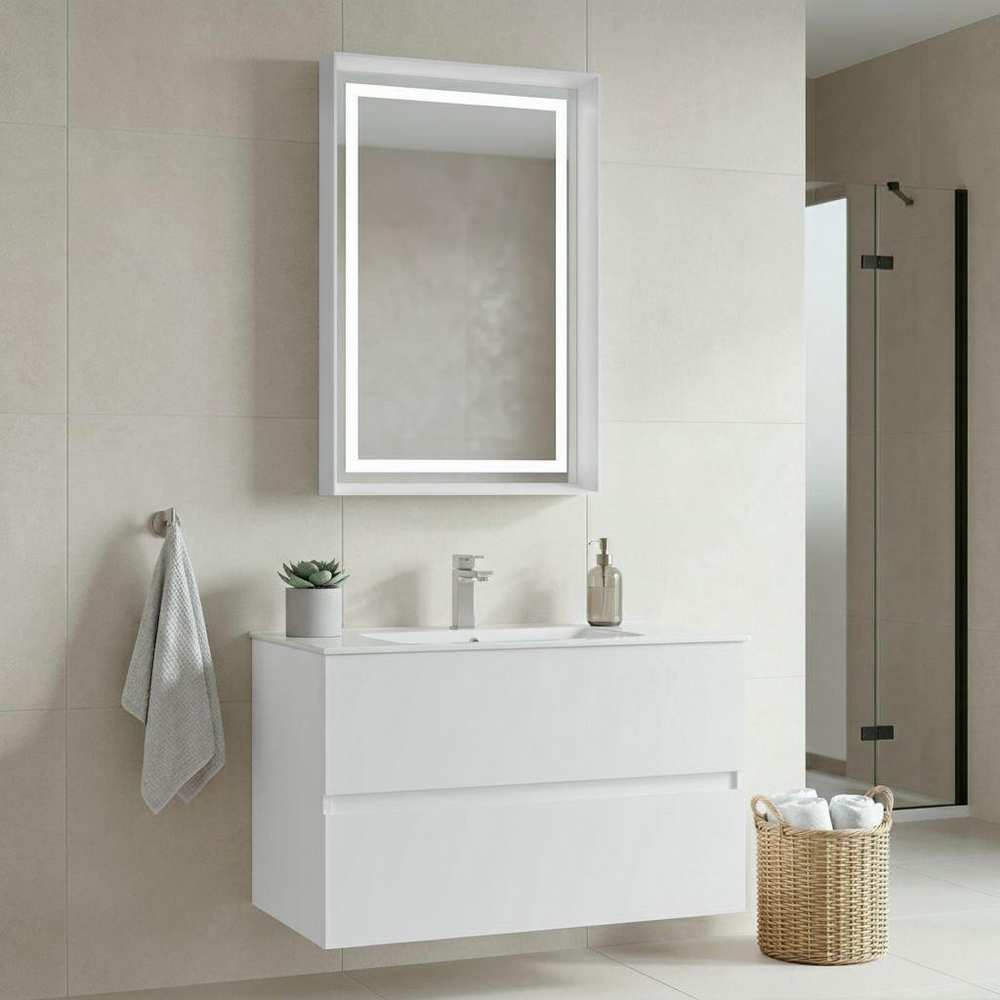 Voir la diapositive 2 : Habitat et Jardin Meuble avec simple vasque et miroir  Nest 91 v2  - 91 x 51 x 55 cm - Matte White