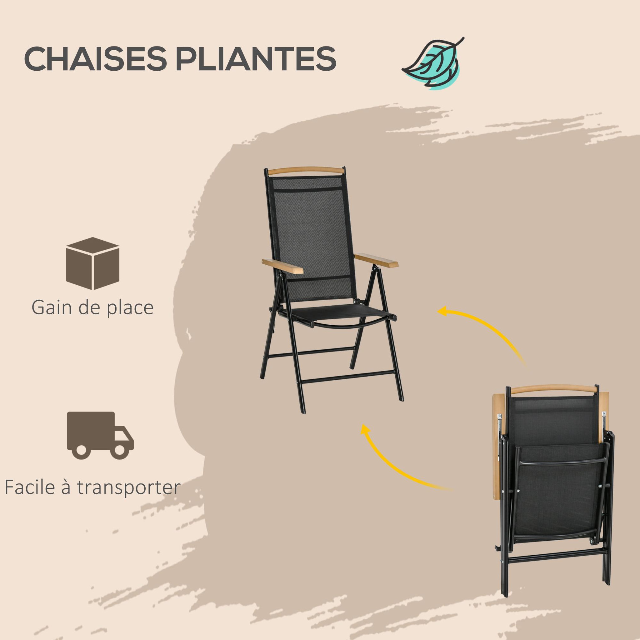 Voir la diapositive 5 : OUTSUNNY Ensemble table de jardin 6 personnes - chaises pliables inclinables accoudoirs - alu textilène noir plastique effet bois
