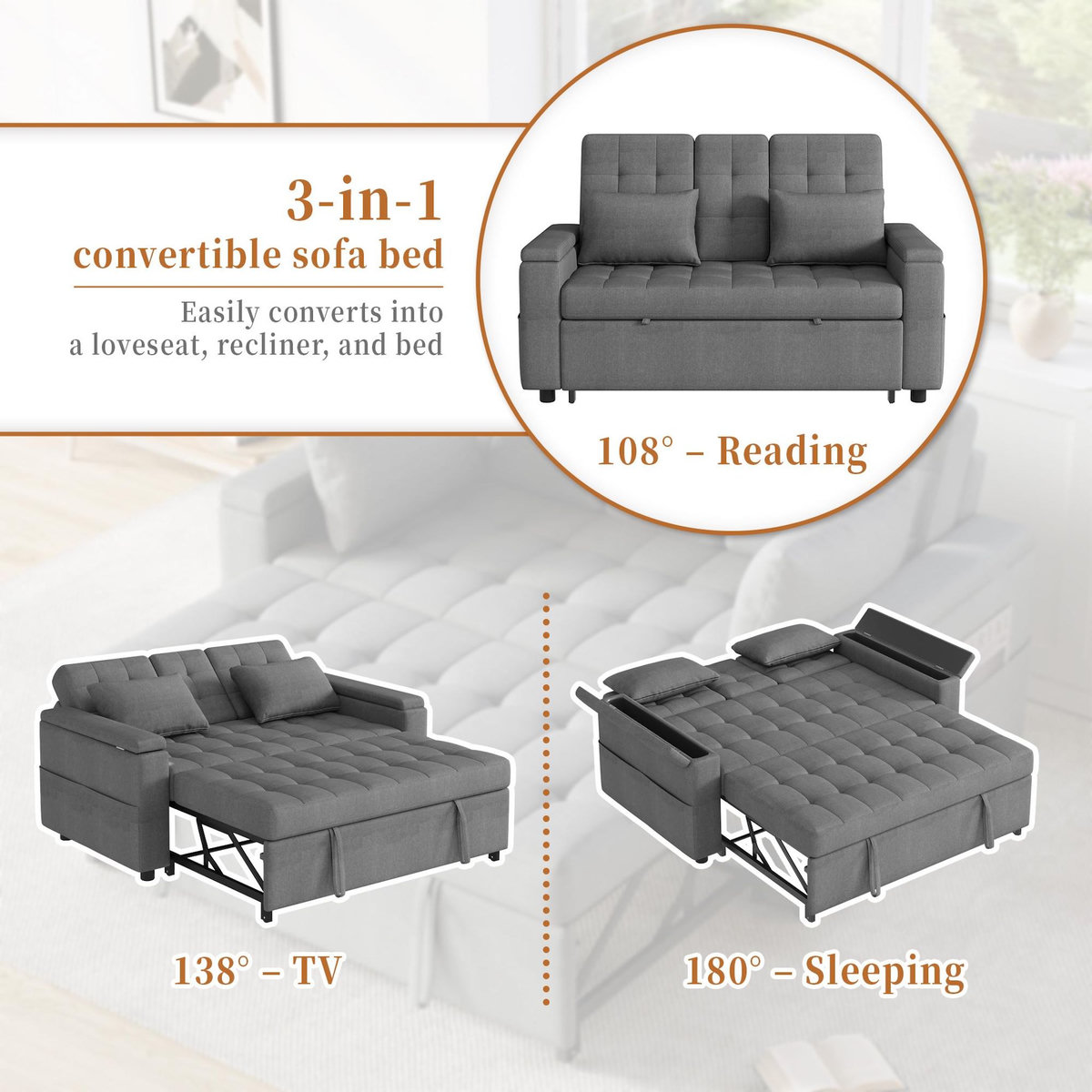 MERAX Canapé droit convertible 2 places coton et lin