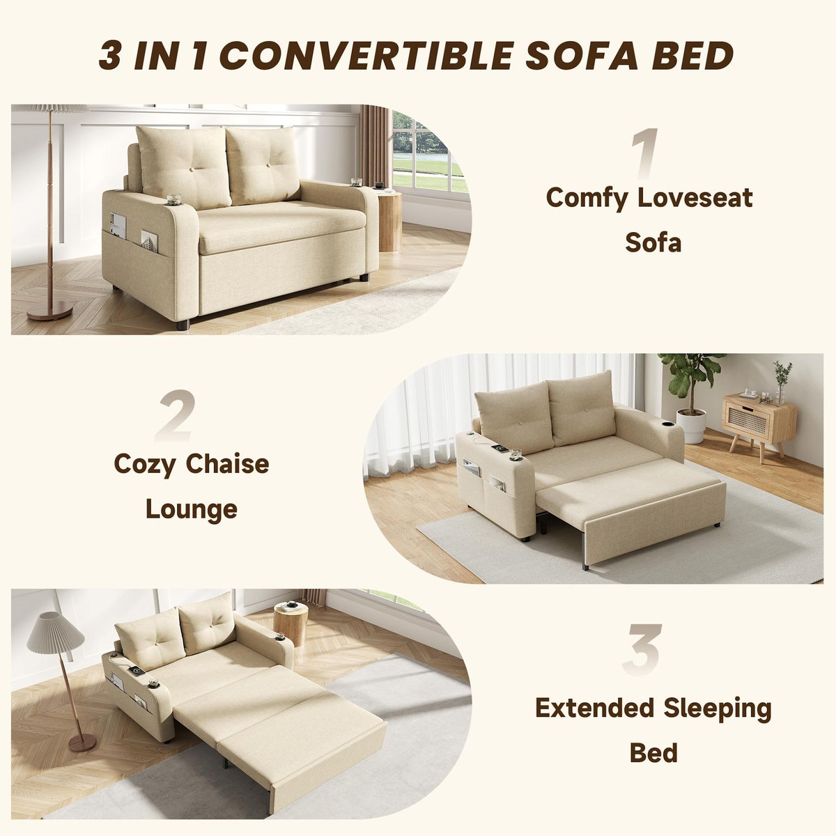 MERAX Canapé droit convertible 2 places coton et lin