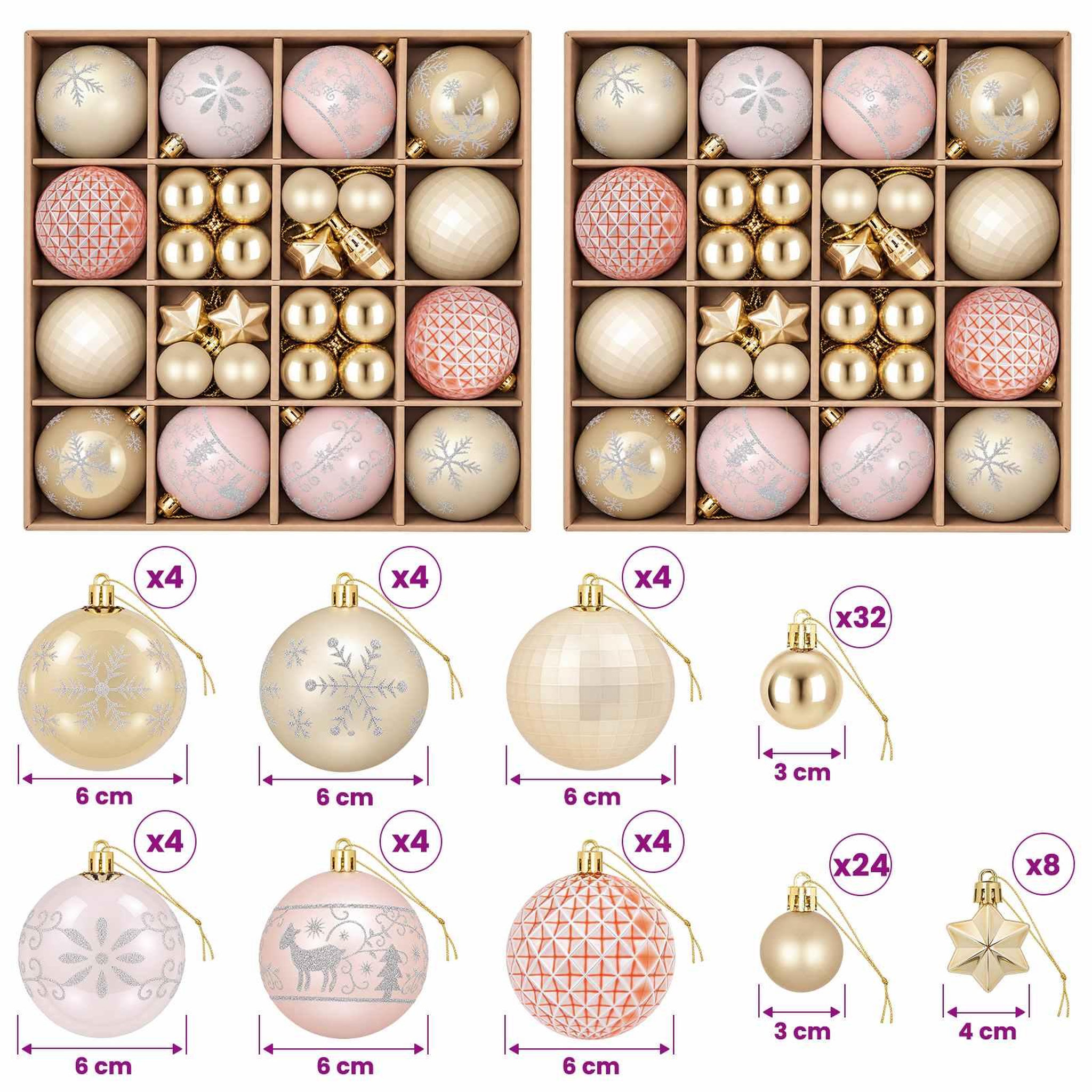 Voir la diapositive 3 : VIDAXL Ensemble de boules de Noël 88 pc Or rose et or Diam. 6 cm