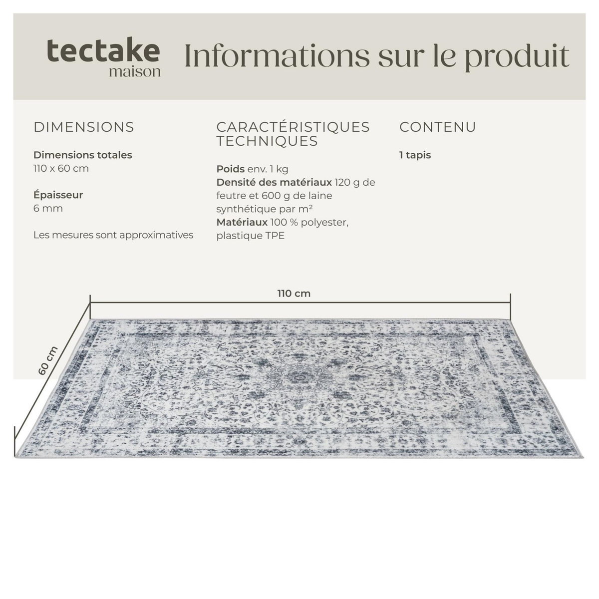 tectake Tapis design vintage à poils courts en laine synthétique et feutre gris 60 x 110 cm
