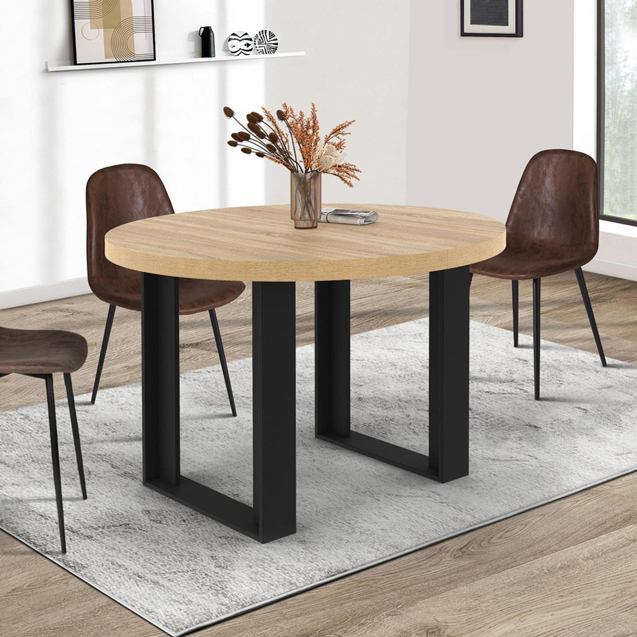 Voir la diapositive 4 : ID MARKET Table à manger extensible ronde phoenix 4-6 personnes bois et noir 110-150 cm