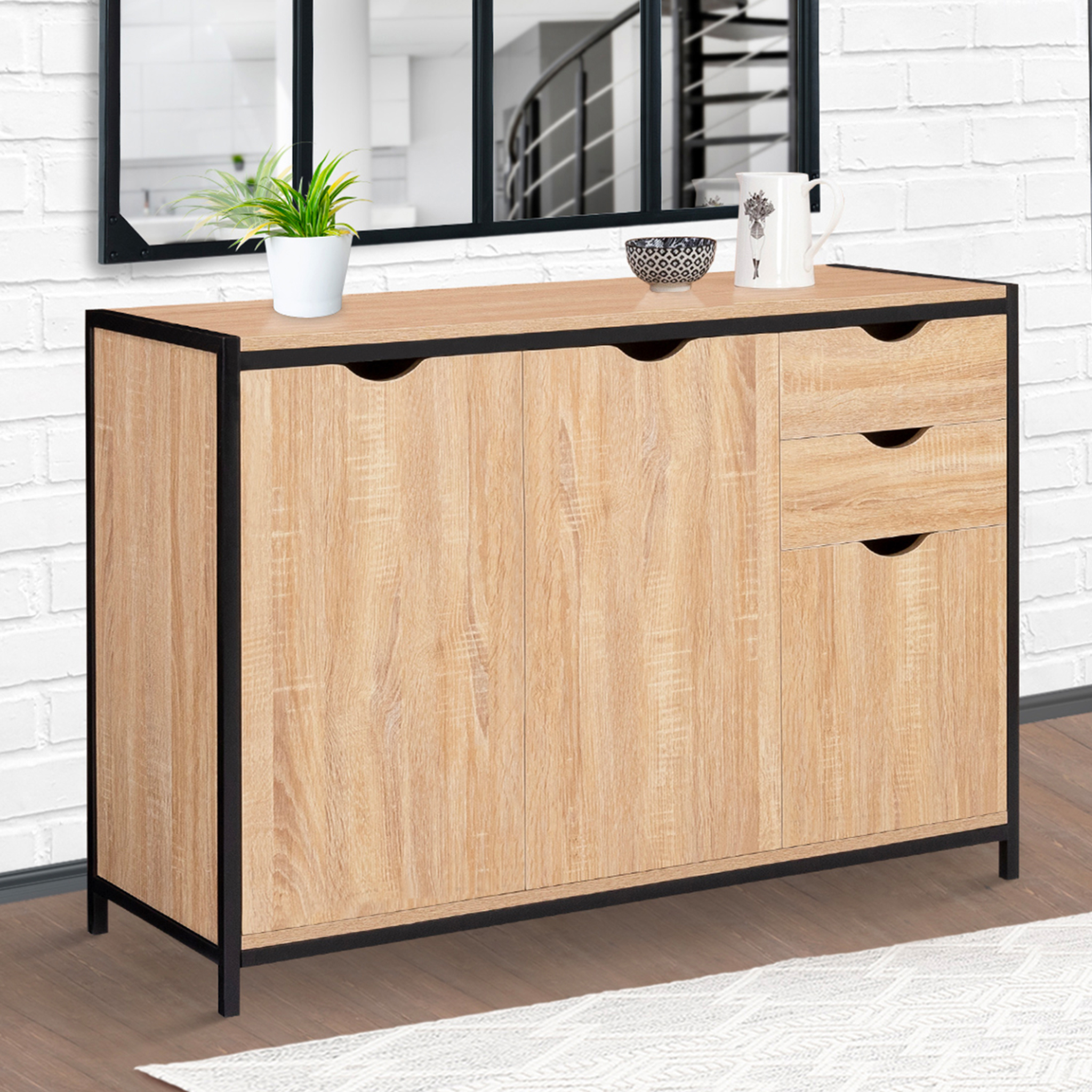 Voir la diapositive 2 : ID MARKET Buffet bas 110 cm detroit avec placards et tiroirs design industriel