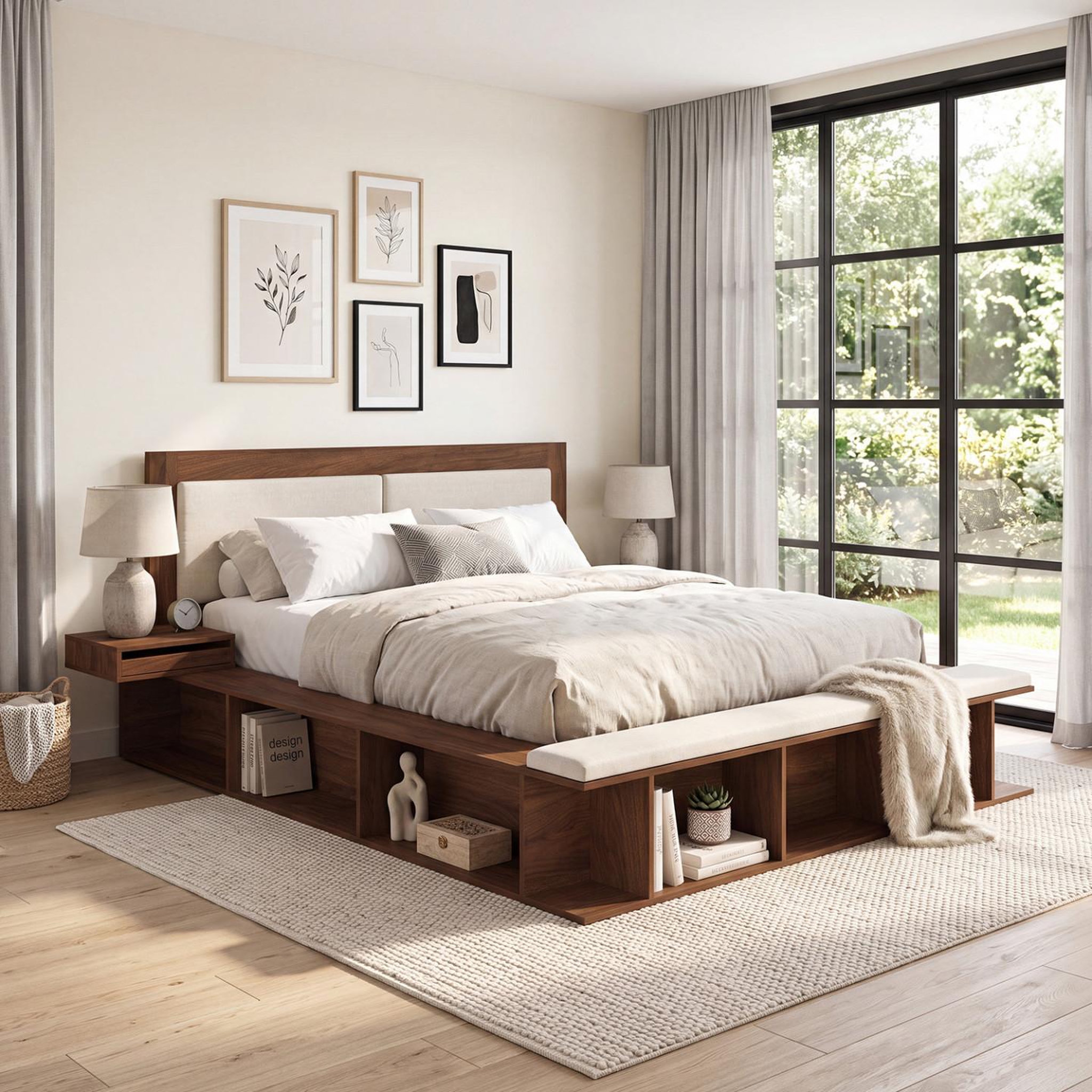 Voir la diapositive 4 : ID MARKET Lit coffre double KIRO tête de lit matelassée, tables de chevet et sommier 140 x 190 cm effet noyer et tissu beige