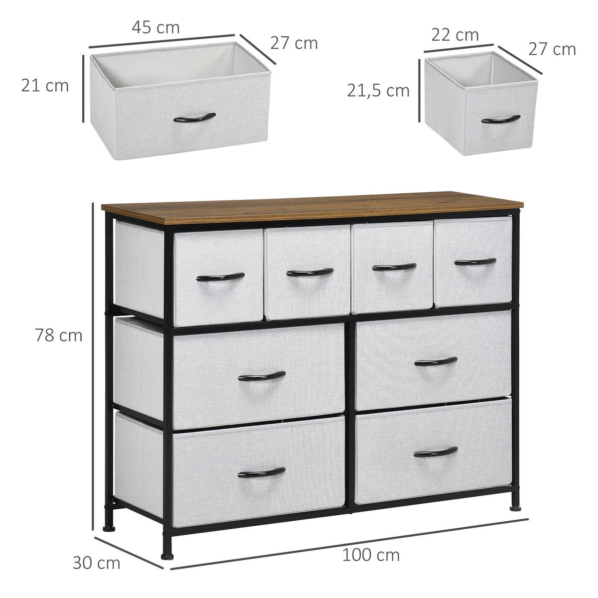 HOMCOM Commode meuble de rangement 8 tiroirs - dim. 100L x 30l x 78H cm - structure acier noir tissu pliant gris