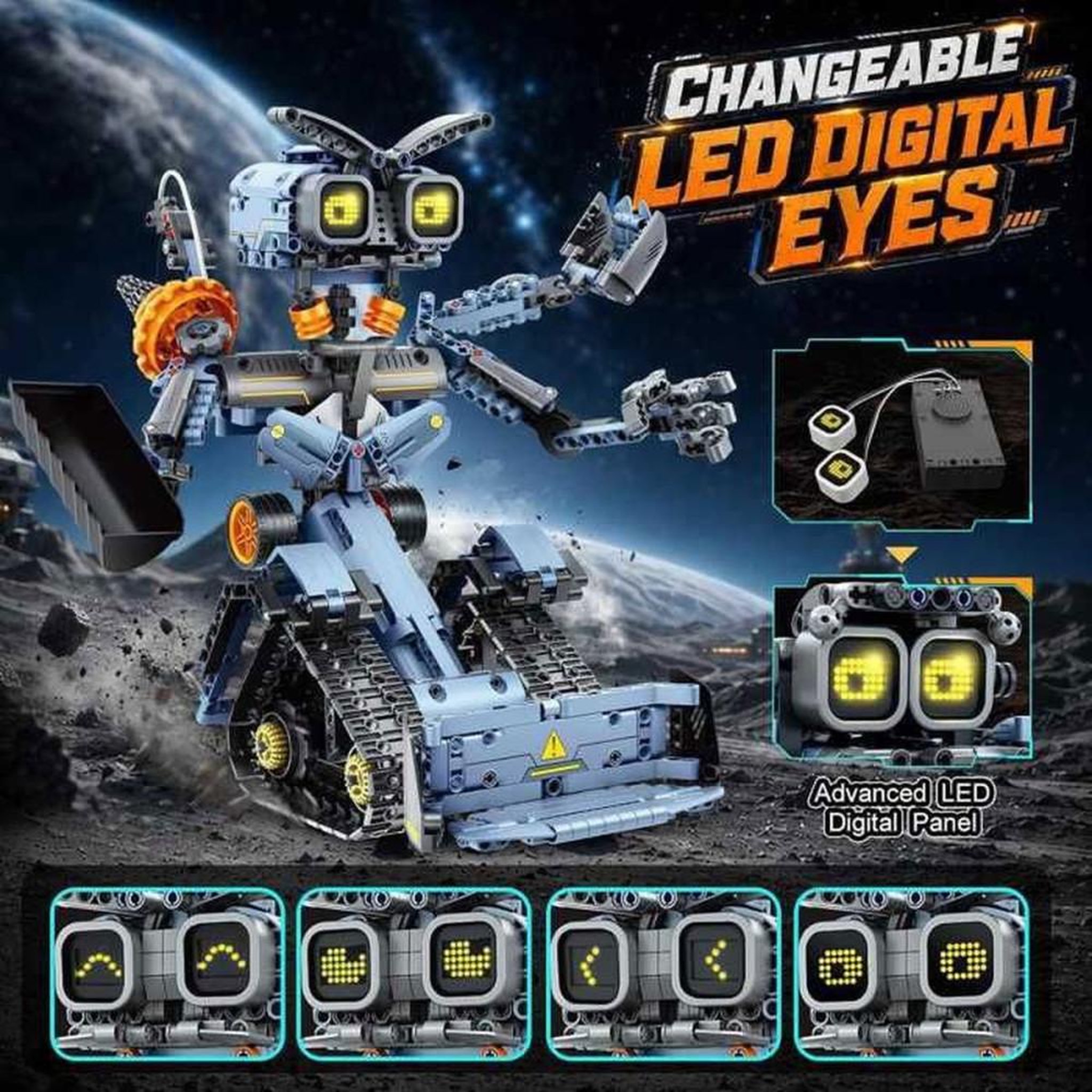 Voir la diapositive 3 : Coffret robot de construction programmable 5-en-1 795 pièces, yeux LED, app et télécommande 2,4 GHz