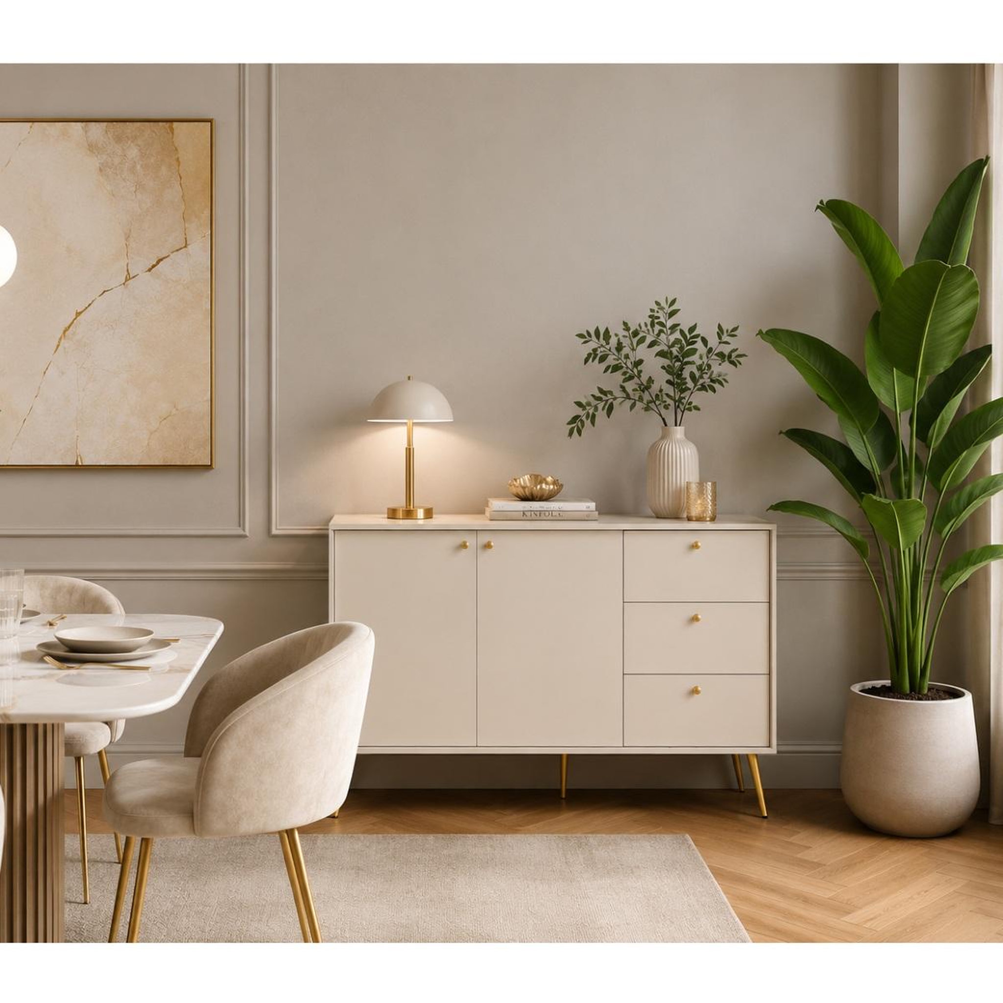 Voir la diapositive 2 : JLC KREATION Buffet bas beige cachemire et pied doré 160cm ezia