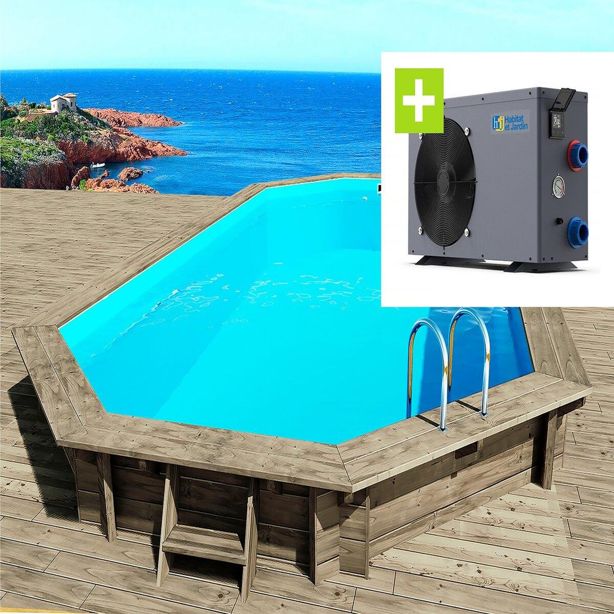 Voir la diapositive 1 : Habitat et Jardin Piscine bois   Cancun   - 6.53 x 4.41 x 1.45 m + Pompe à chaleur - Puissance 6.1 kW -