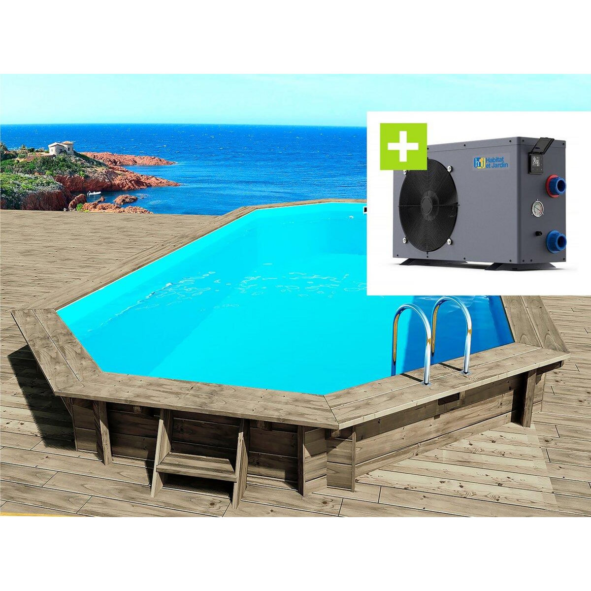 Habitat et Jardin Piscine bois   Cancun   - 6.53 x 4.41 x 1.45 m + Pompe à chaleur - Puissance 6.1 kW -