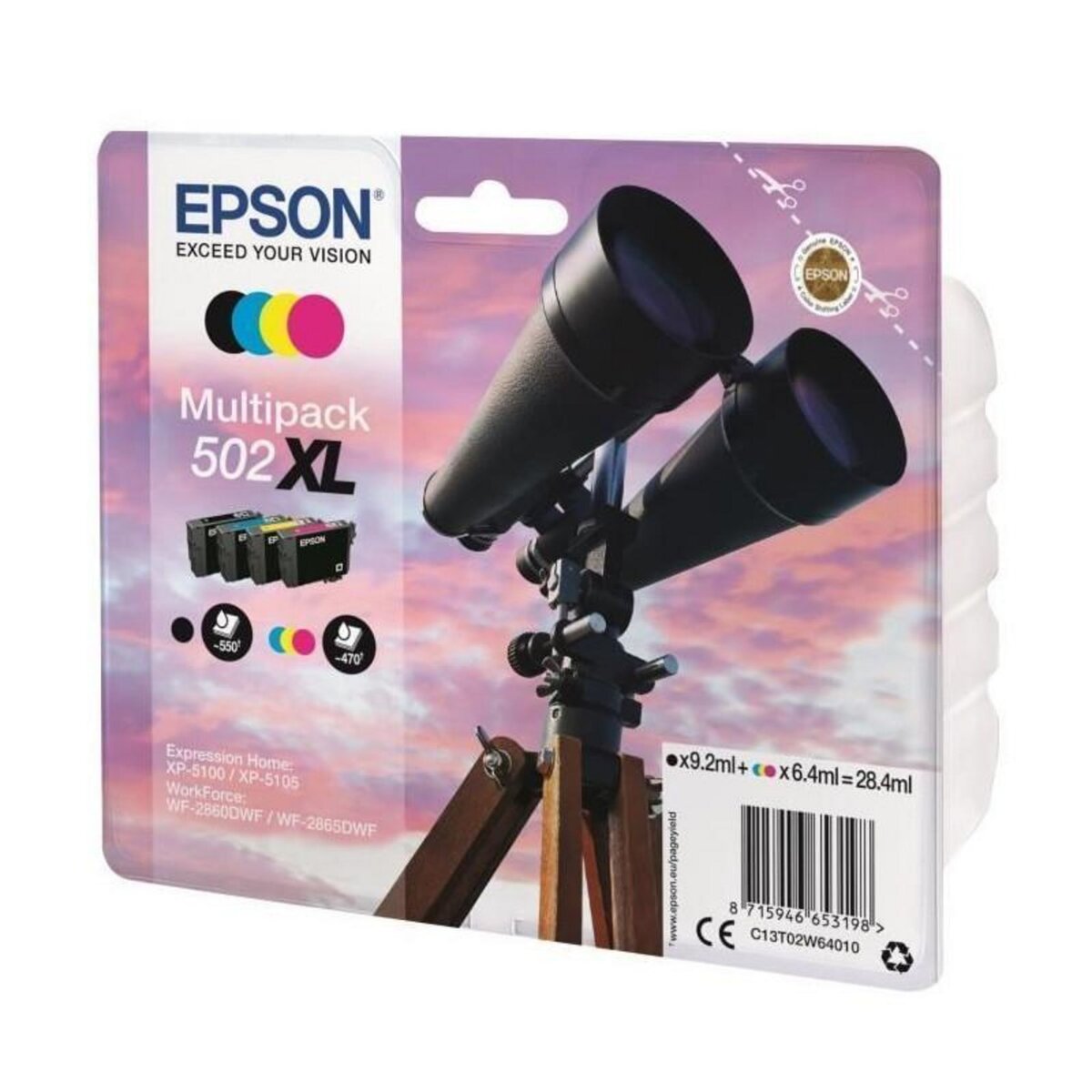 Epson Cartouche d'encre Pack Multipack 4 Originales 502 XL (Noir + 3 Couleurs) - C13T02W64010