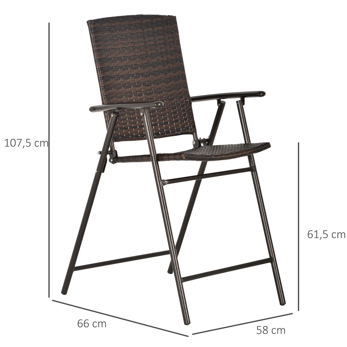 OUTSUNNY Tabourets de bar pliable style colonial - lot de 4 tabourets de bar - repose-pied + accoudoirs - métal époxy résine tressée chocolat