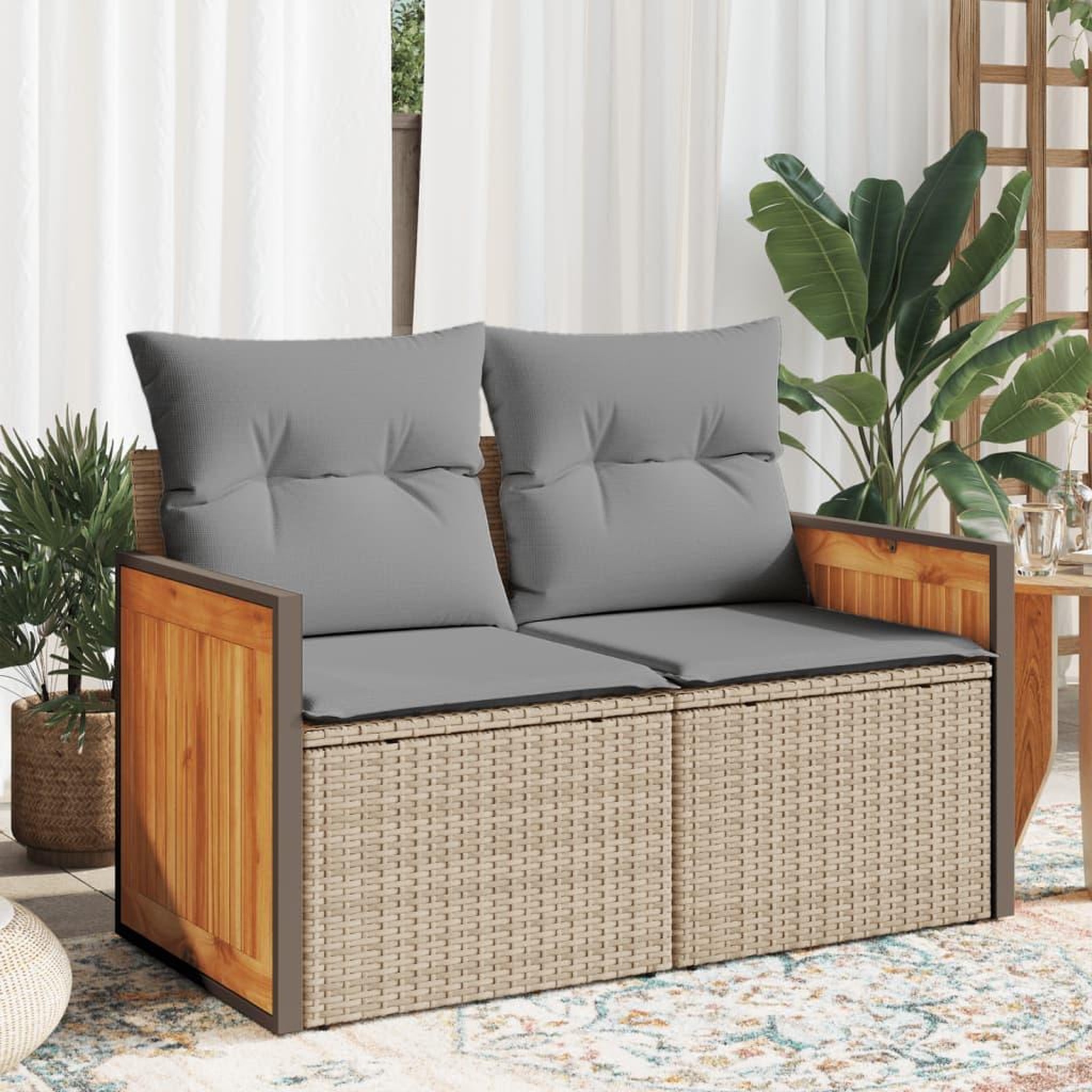 VIDAXL Canape de jardin avec coussins 2 places beige resine tressee
