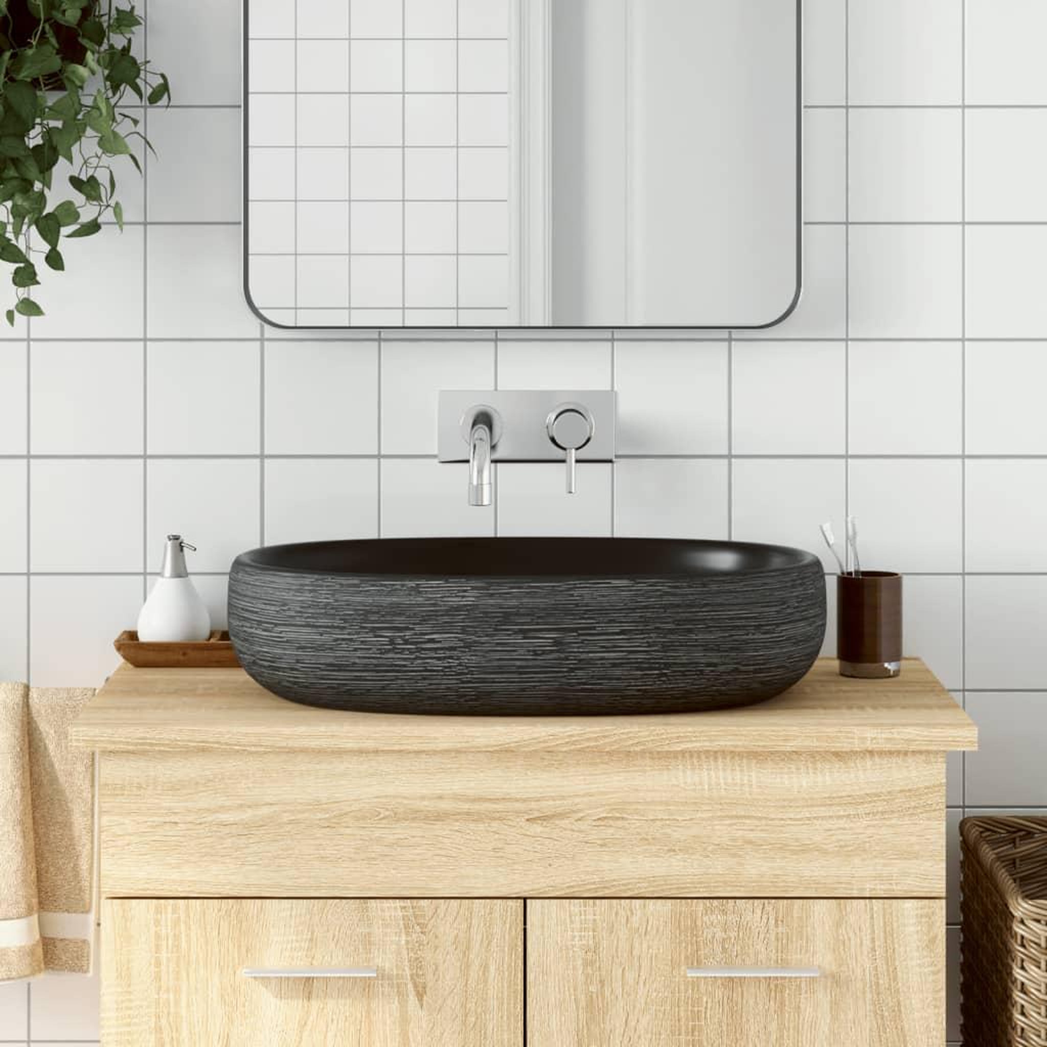 VIDAXL Vasque a poser gris et noir ovale 59x40x14 cm ceramique