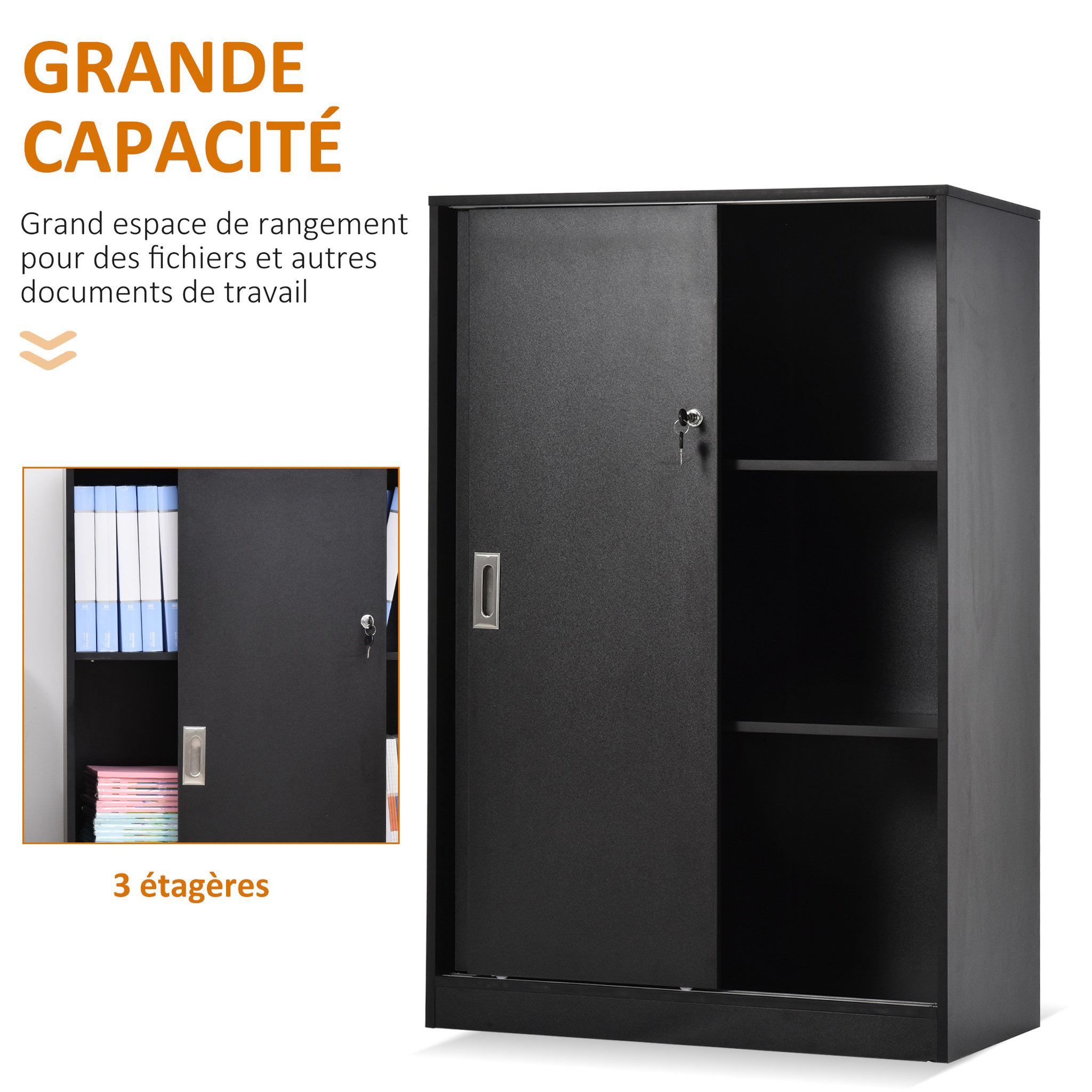 Voir la diapositive 4 : HOMCOM Armoire de bureau 2 portes coulissantes verrouillables dim. 80L x 40l x 120H cm 2 étagères panneaux particules noir