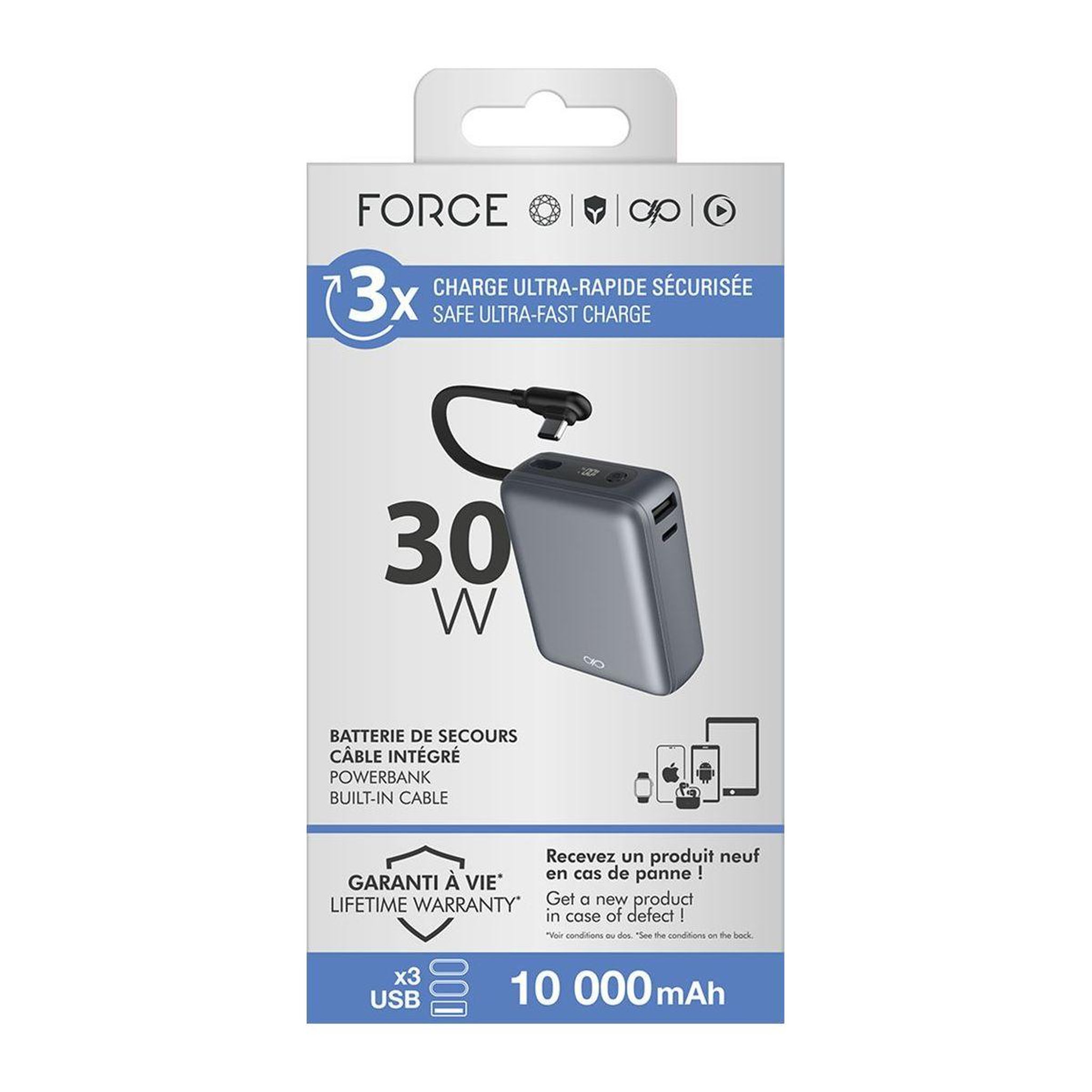 Voir la diapositive 5 : FORCE POWER Batterie externe 10000mah usb-a/usb-c + cable usb-c 30w