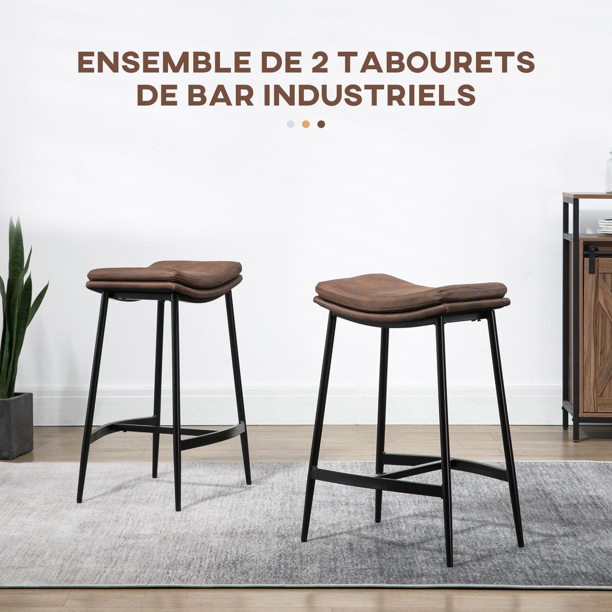 HOMCOM Lot de 2 tabourets de bar Vintage avec repose-pied piètement acier noir assise incurvée tissu marron effet vieilli