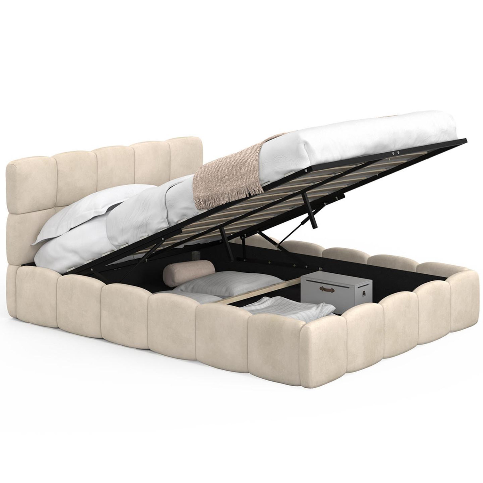 ID MARKET Lit coffre double nuage avec tête de lit matelassée et sommier 140 x 190 cm velours beige