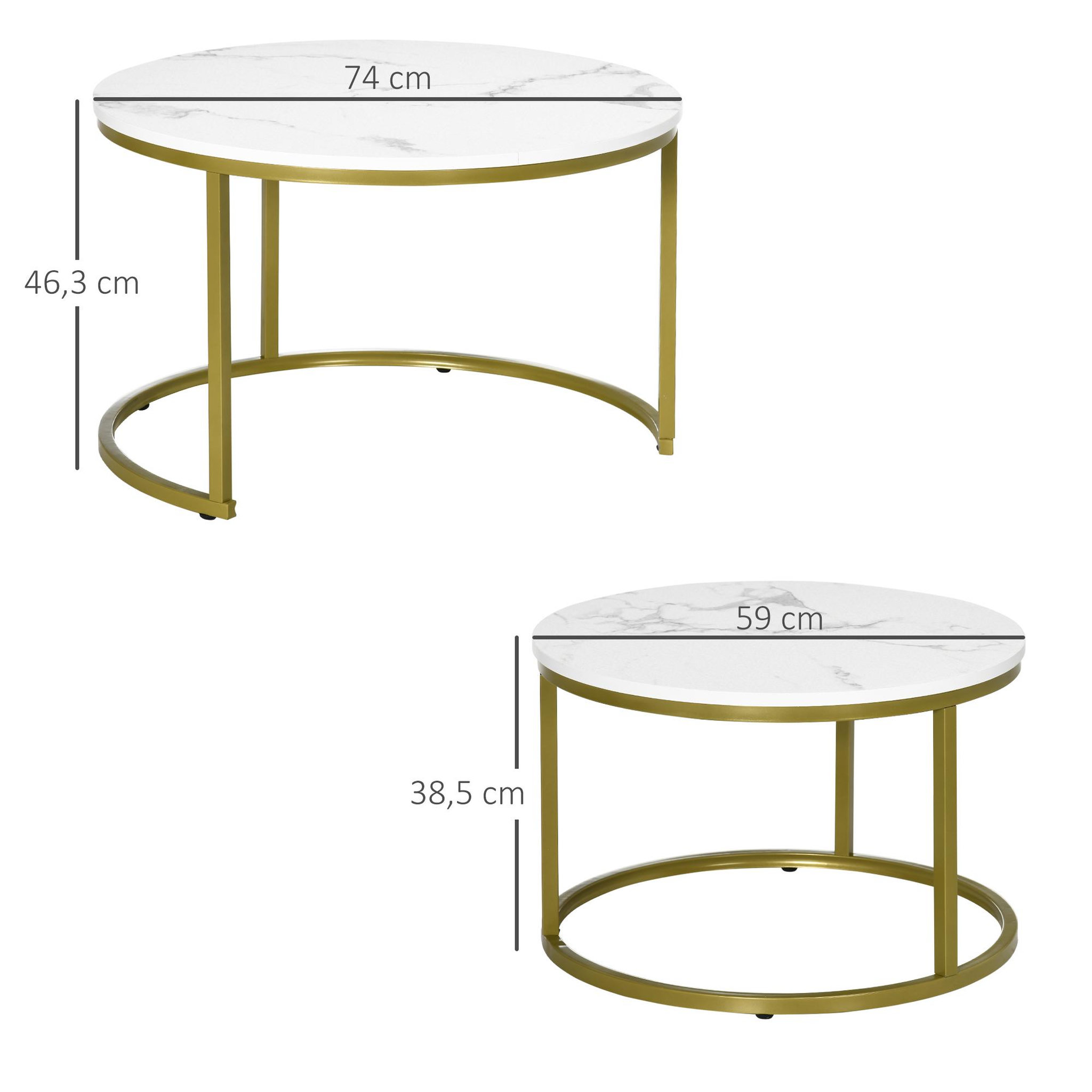 Voir la diapositive 3 : HOMCOM Lot de 2 tables basses gigognes rondes style art déco - acier doré panneaux aspect marbre blanc