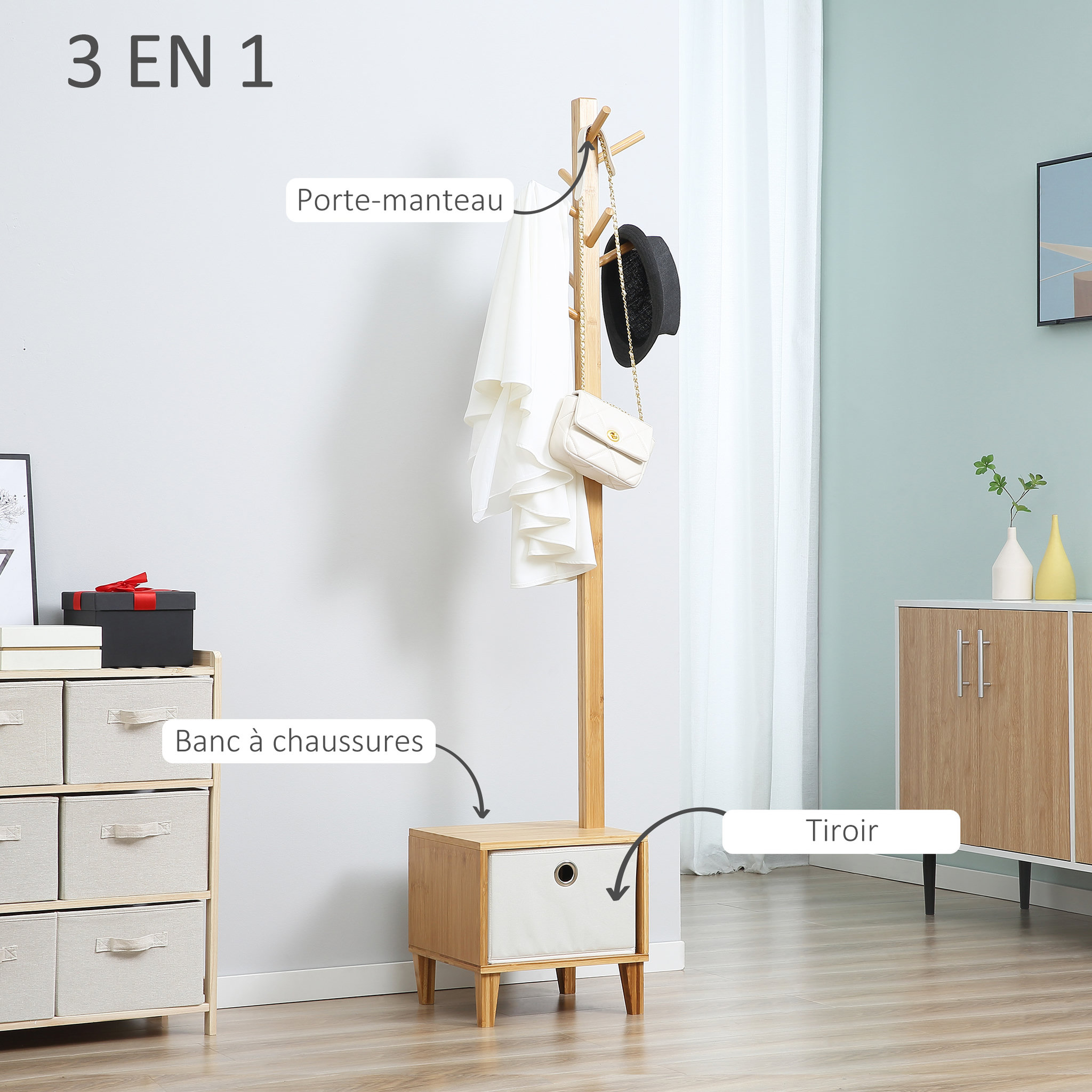 Voir la diapositive 4 : HOMCOM HOMCOM Meuble rangement avec tiroir porte-manteau banc 3 en 1 style scandinave polyester gris clair bois massif bambou