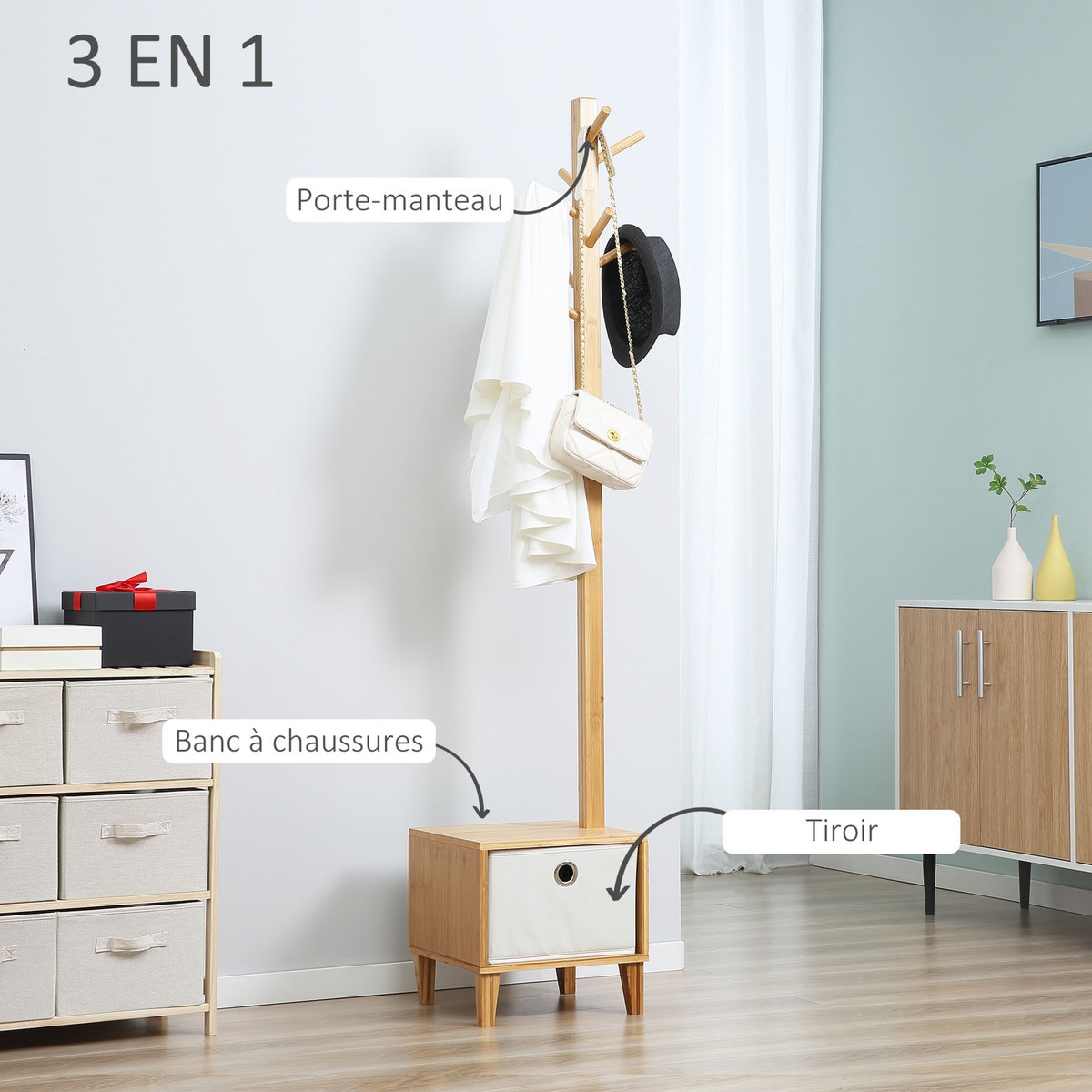 HOMCOM HOMCOM Meuble rangement avec tiroir porte-manteau banc 3 en 1 style scandinave polyester gris clair bois massif bambou