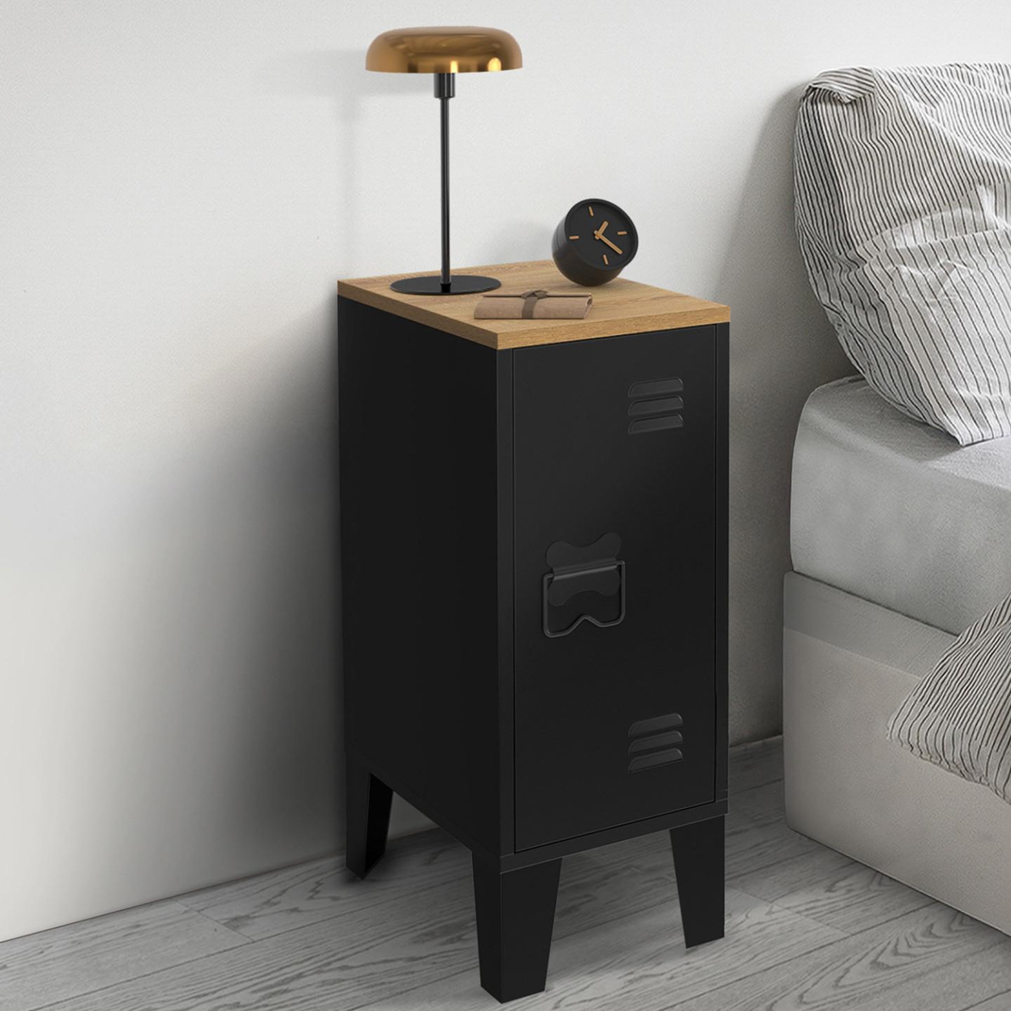 Voir la diapositive 2 : ID MARKET Lot de 2 tables de chevet étroites ester 1 porte métal noir plateau façon hêtre design industriel