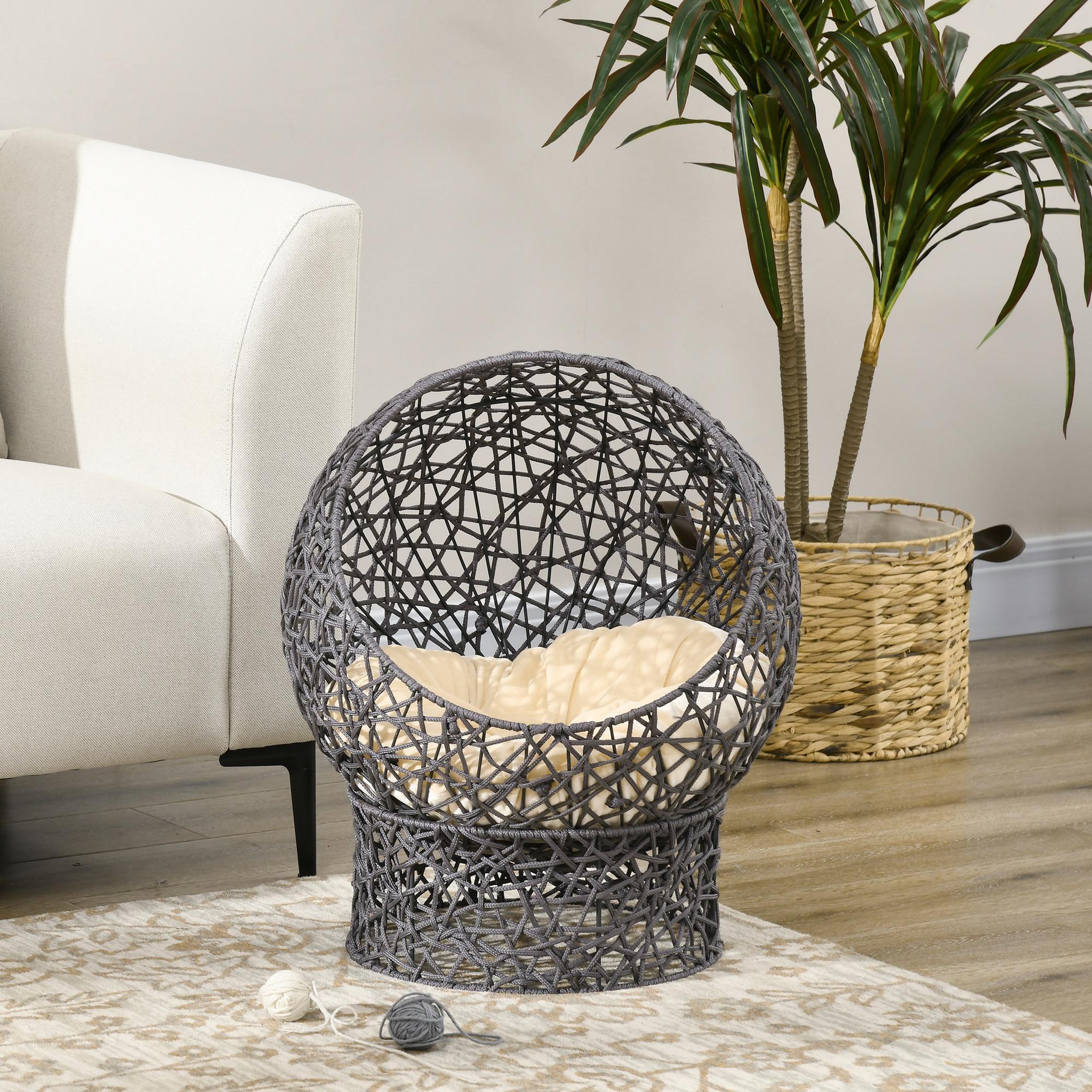 Voir la diapositive 2 : PAWHUT Panier tressé chat gris apia lit chat cosy grand confort dia. 50 x h.60 cm coussin moelleux beige inclus
