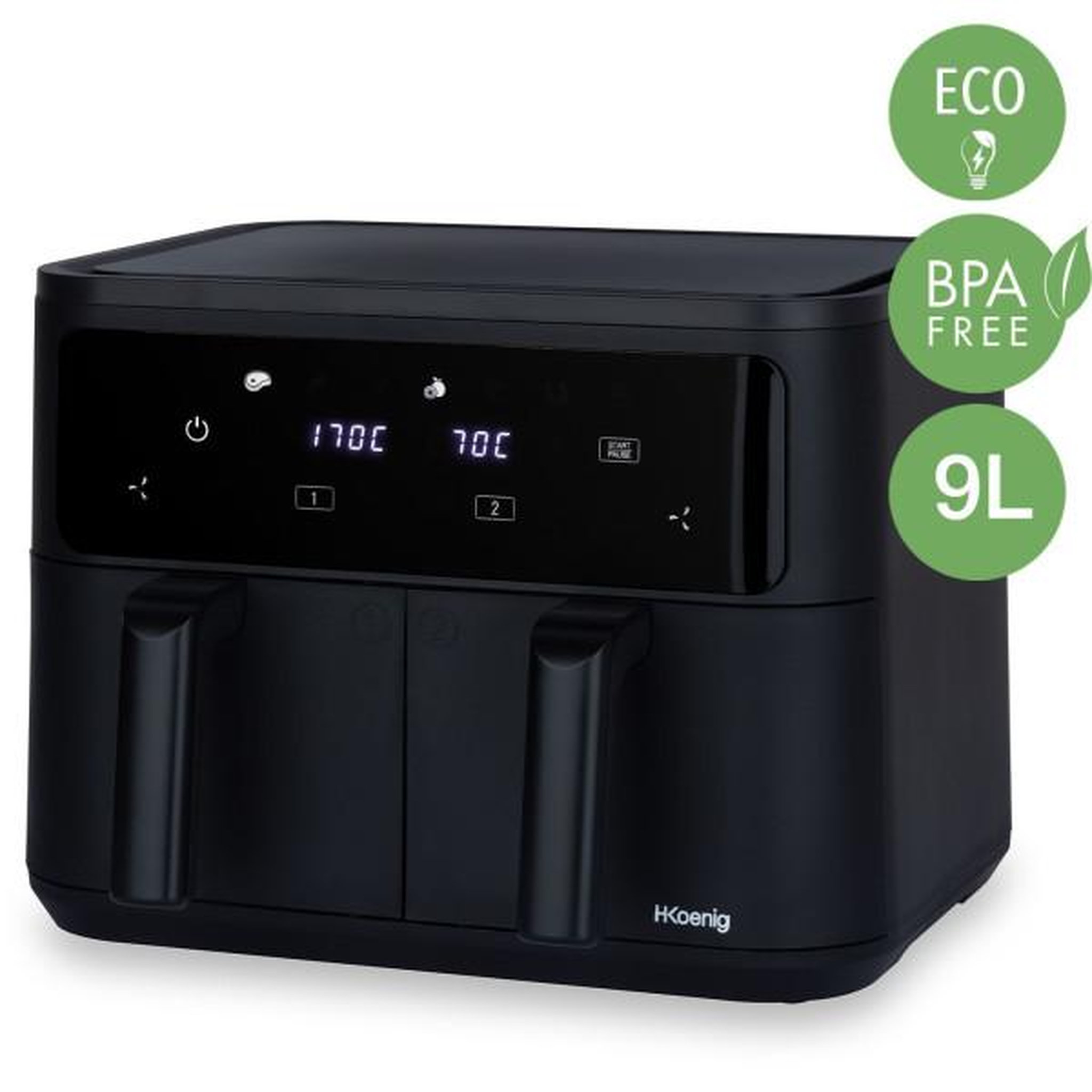 Voir la diapositive 2 : HKOENIG Friteuse Electrique  sans huile HKoeNIG - FRY900 - Capacité 9L - Double cuve 4,5L - 8 programmes de cuisson - 2400W