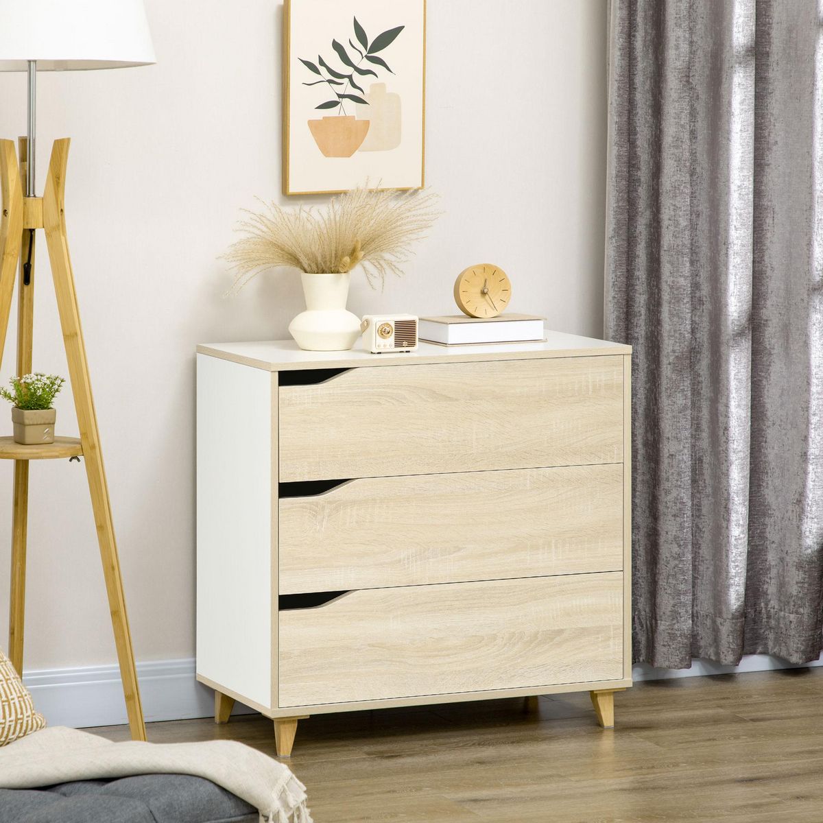 HOMCOM Commode design scandinave 3 tiroirs piètement effilé panneaux MDF blanc aspect bois clair
