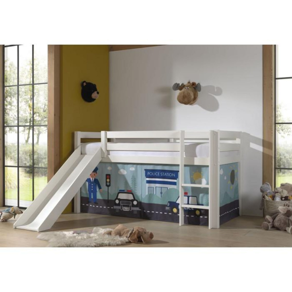 Paris Prix Lit Enfant Surélevé Avec Toboggan  Pino Police  90x200cm Blanc