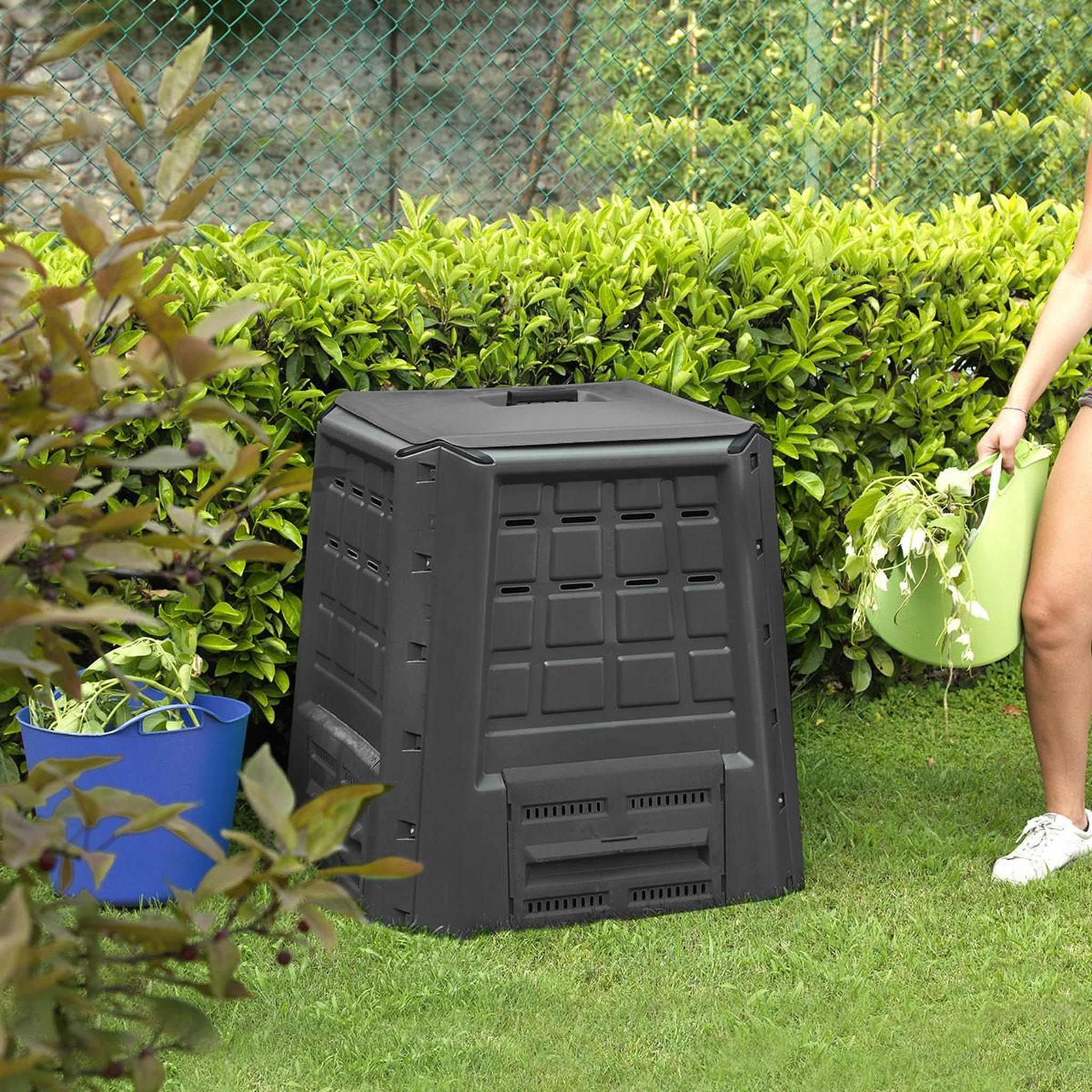 Voir la diapositive 4 : INTEC Composteur de jardin 380l anthracite déchets verts couvercle et trappe d'extraction intec