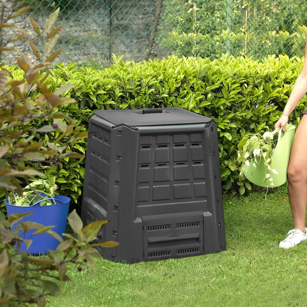 INTEC Composteur de jardin 380L Anthracite Déchets verts Couvercle et trappe d'extraction INTEC