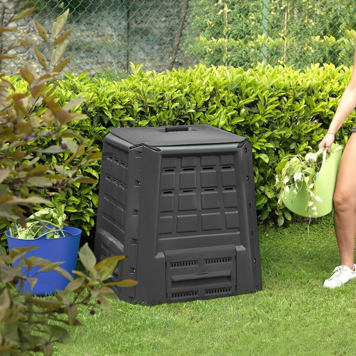 INTEC Composteur de jardin 380L Anthracite Déchets verts Couvercle et trappe d'extraction INTEC