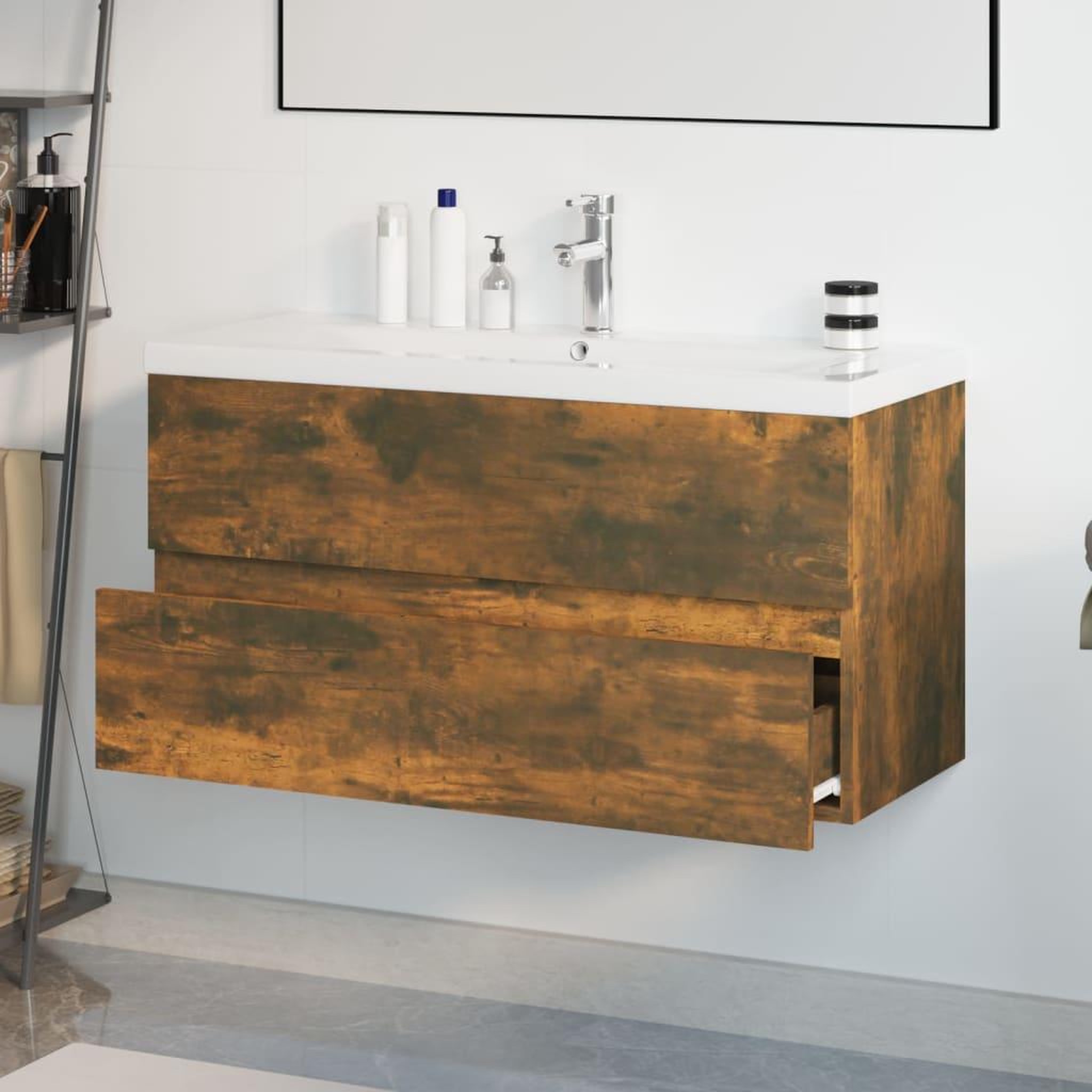 Voir la diapositive 4 : VIDAXL Meuble lavabo avec bassin integre Chene fume Bois d'ingenierie